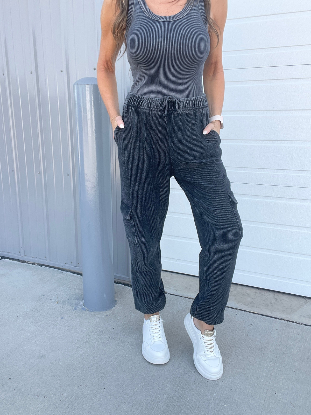 Corded Snow Washed Relaxed Jogger In 3 Colors: Black, Light Mocha, Light Purple