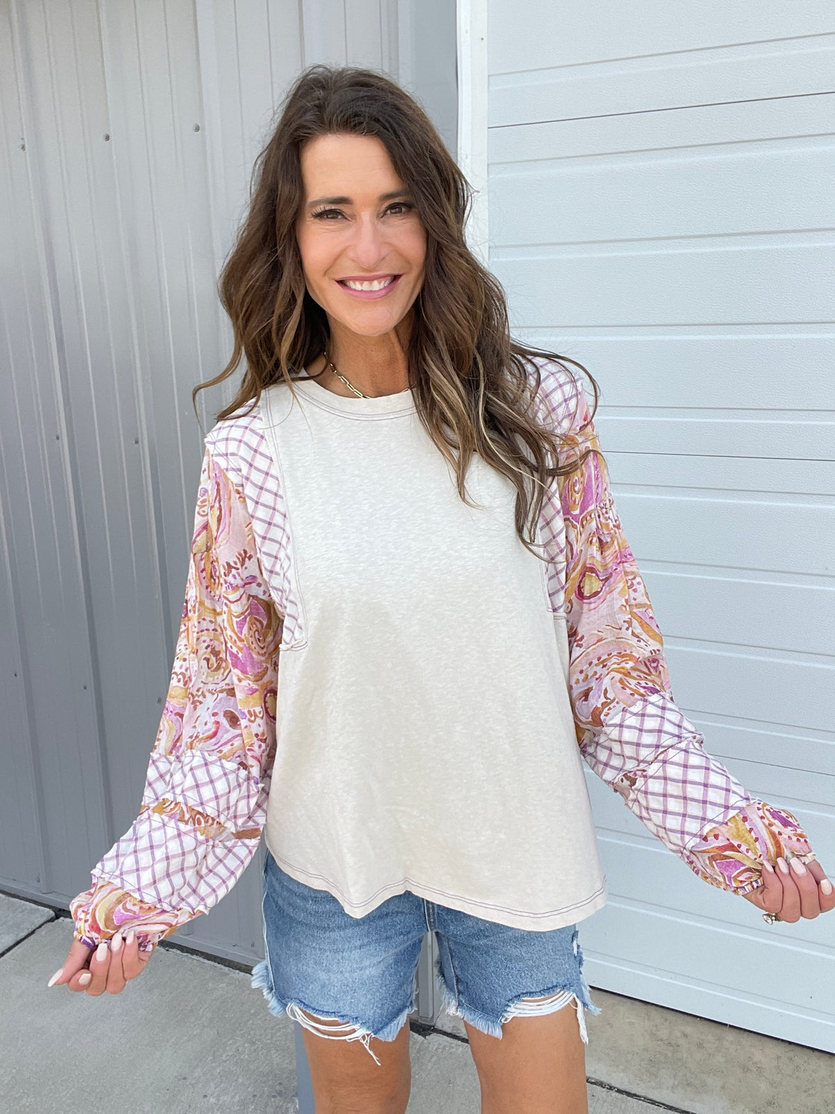 Show Me Around Mix Print Top In 5 Colors: Grey, Khaki, Camel, Olive, Mushroom *Final Sale*