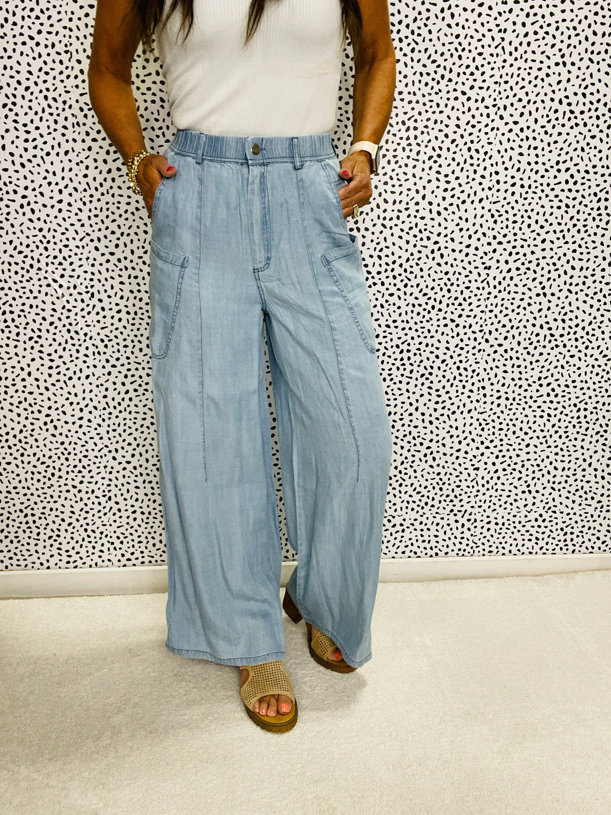 Count Out Loud Washed Chambray Wide Pants In 2 Colors