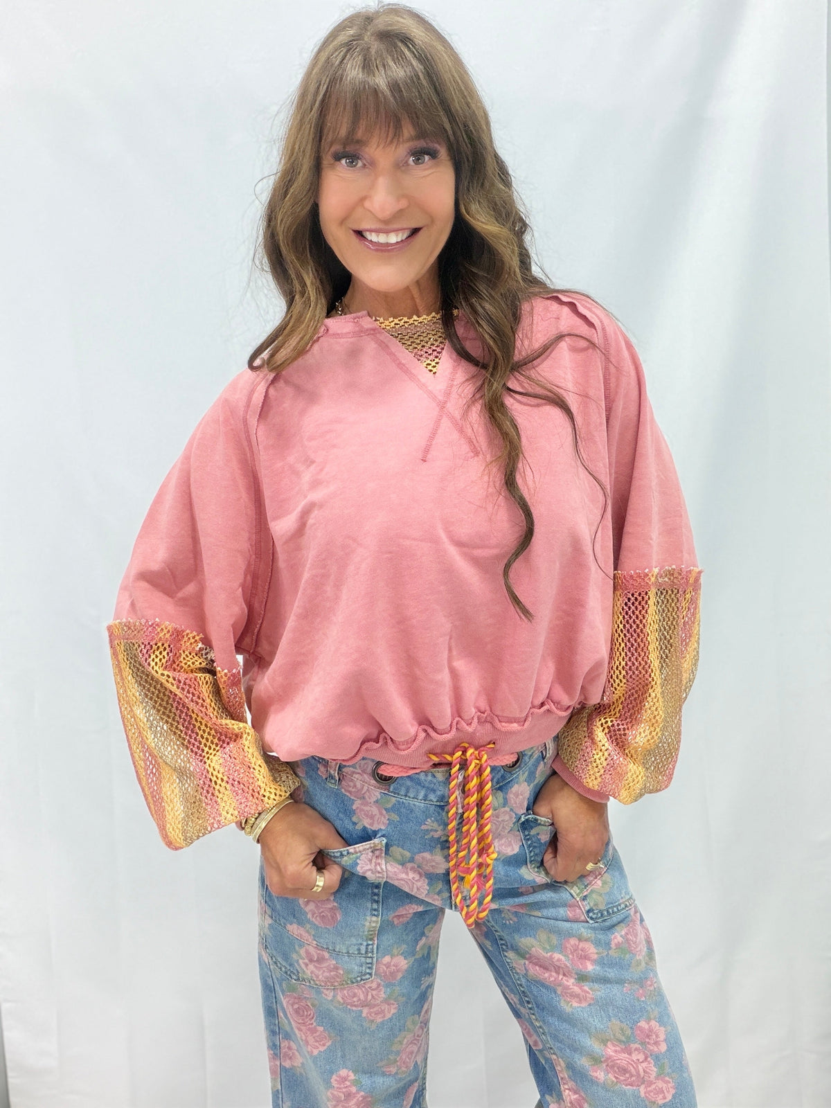 Oli & Hali Sunset Daydream Mesh Sleeved Pullover In Pink