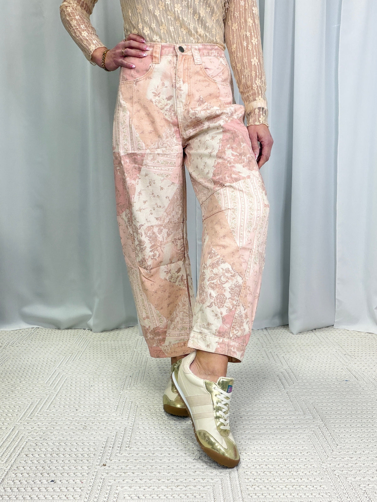Til The Sun Rises Patchwork Printed Barrel Pants In Rose