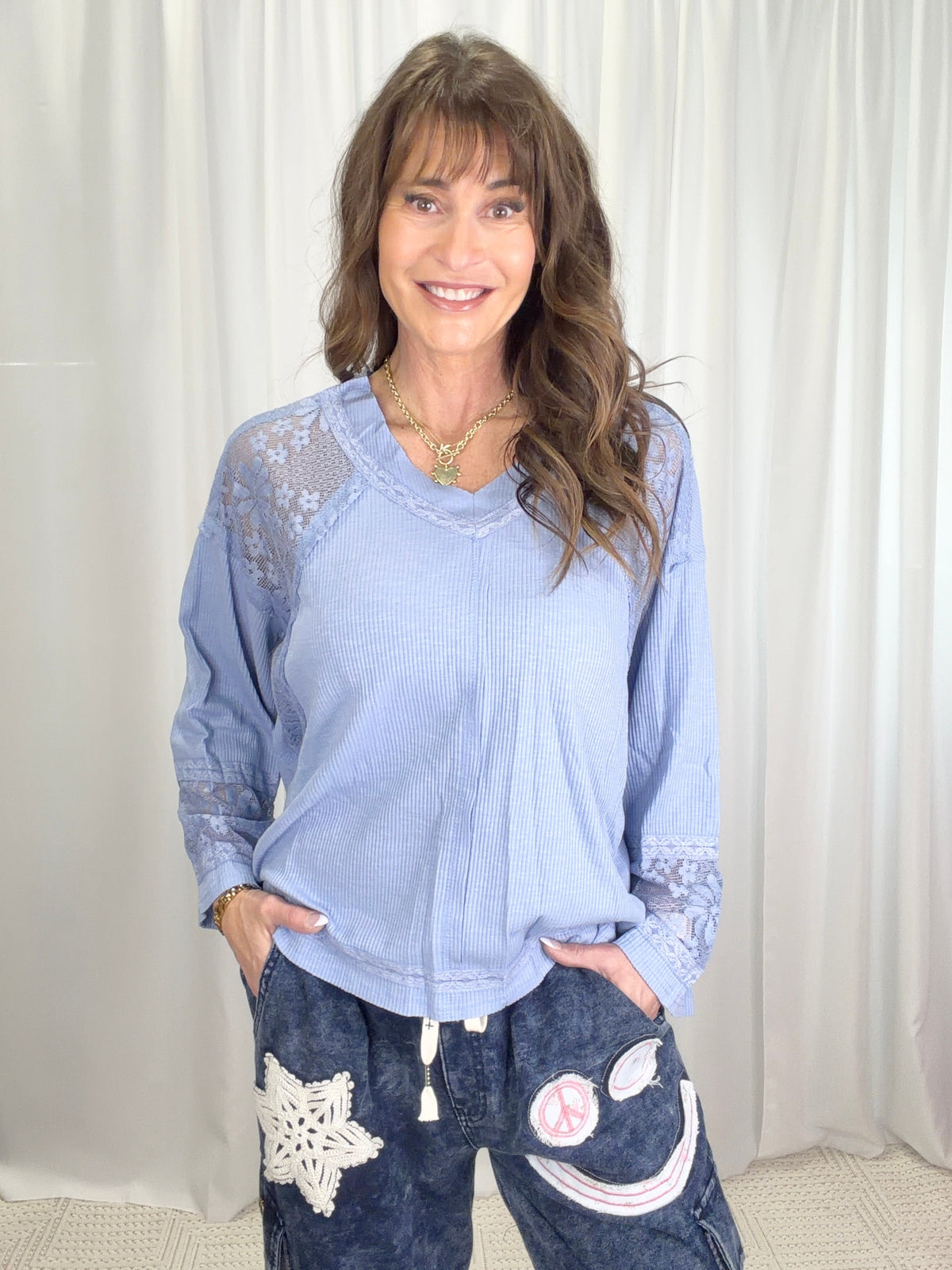 Pol Luna Lace Long Sleeve Ribbed Top In 3 Colors