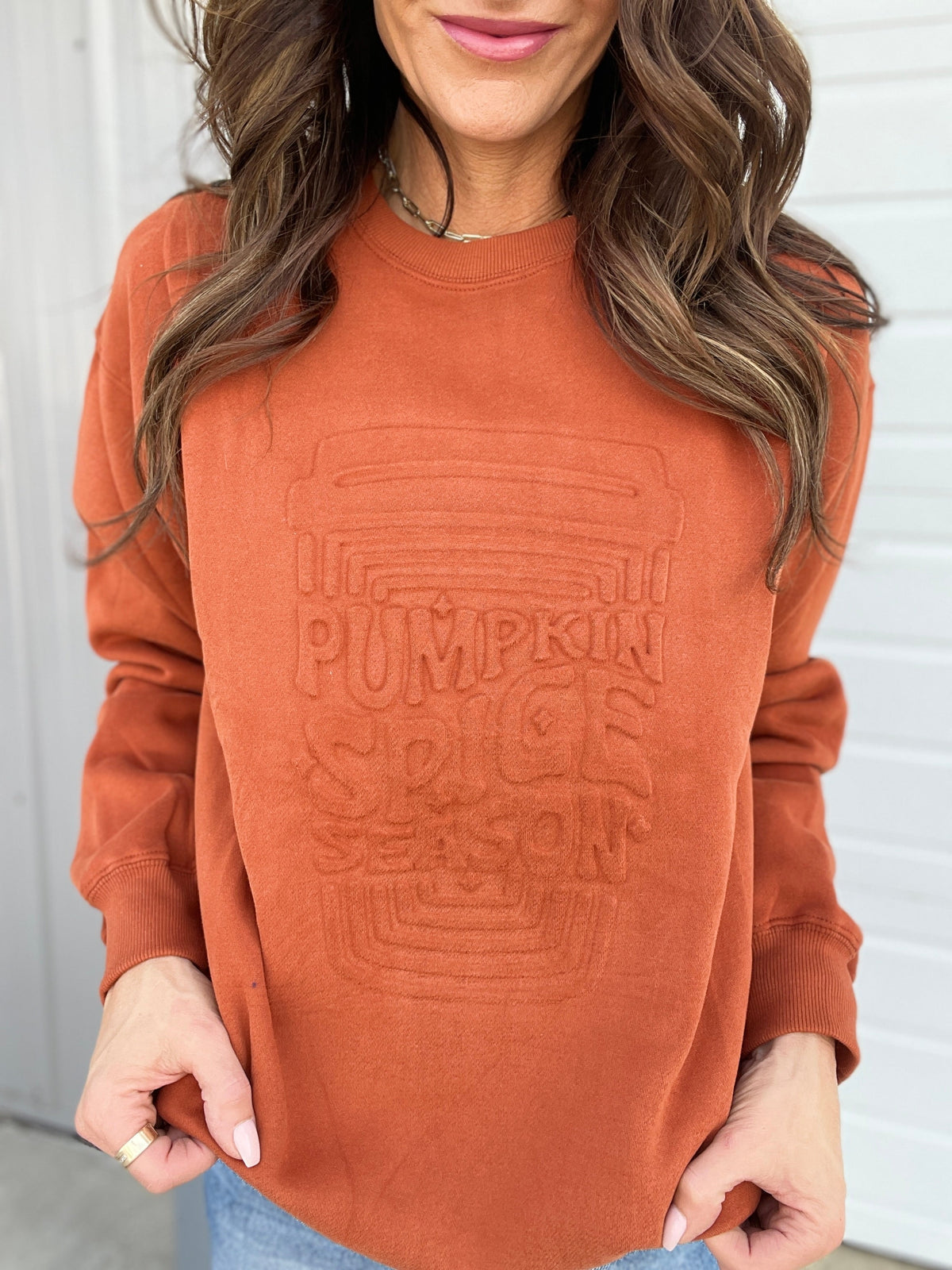 Corn Maze Pumpkin Spice Latte Embossed Crewneck Sweatshirt *Final Sale*