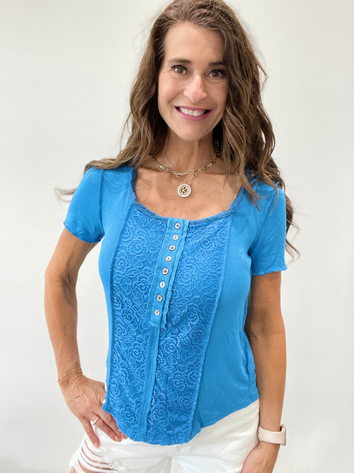 Pol Sea Of Blue Short Sleeve Ribbed And Lace Top *Final Sale*