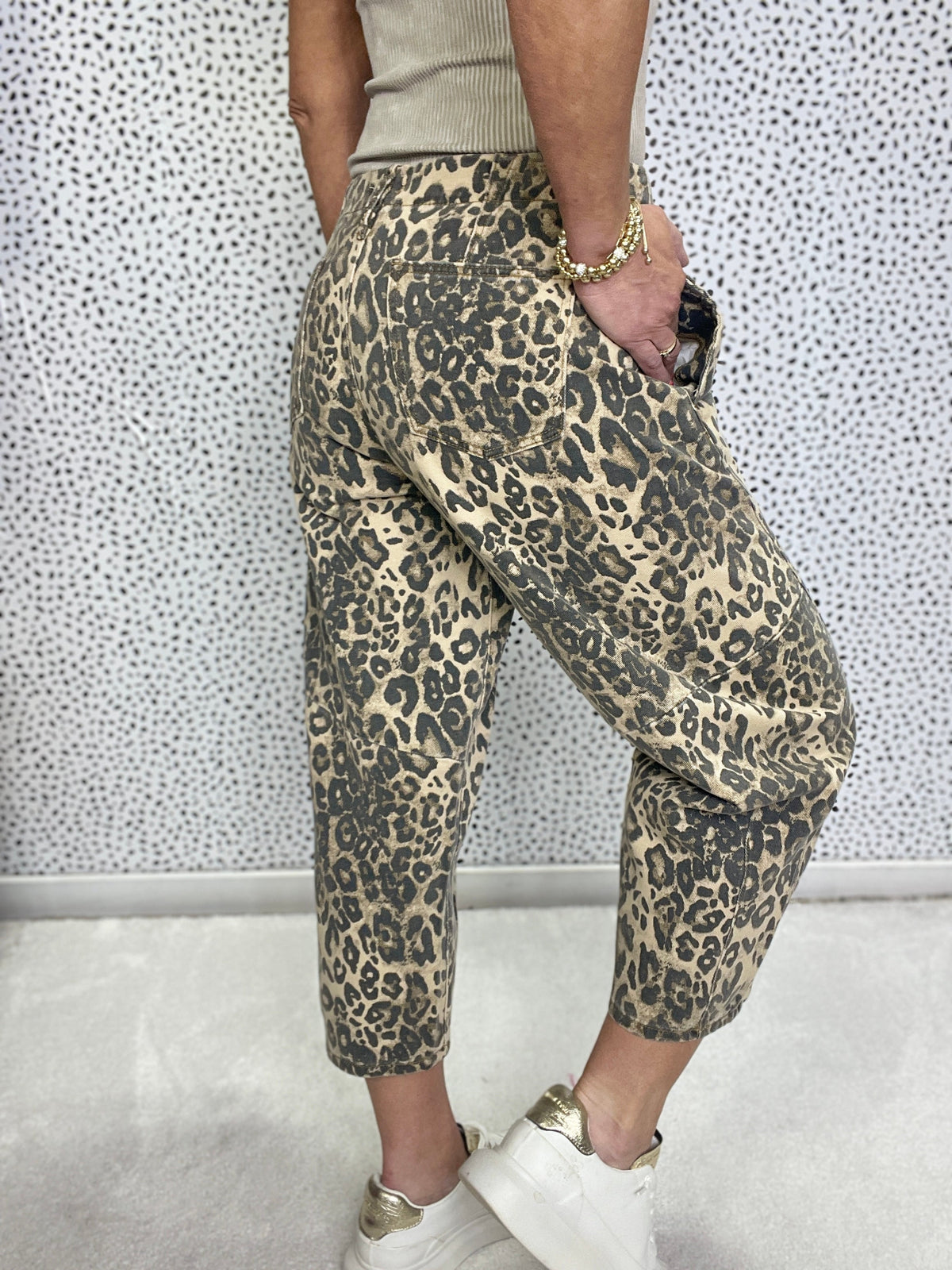 Feline Luxe Leopard Print Washed Twill Barrel Pants In Brown