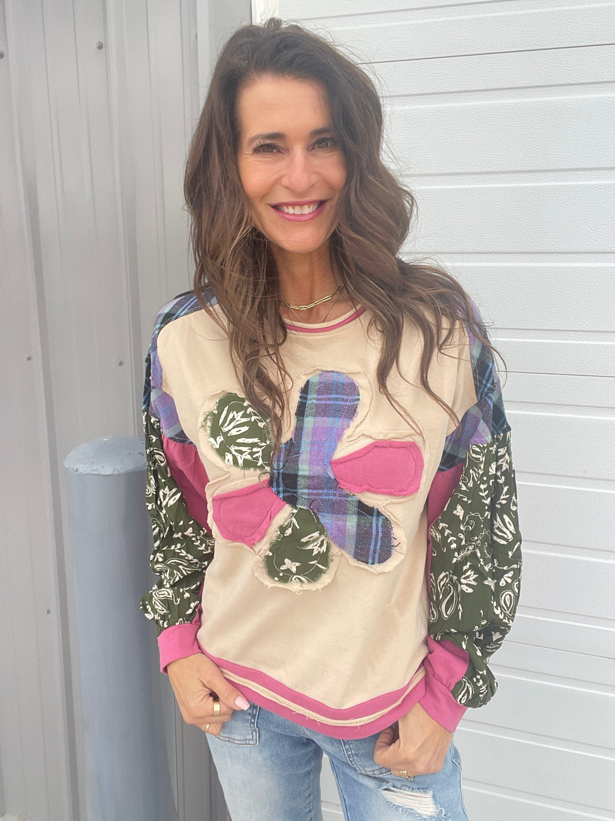So Flowerful Flower Patch Knit Crew Neck Top In Beige