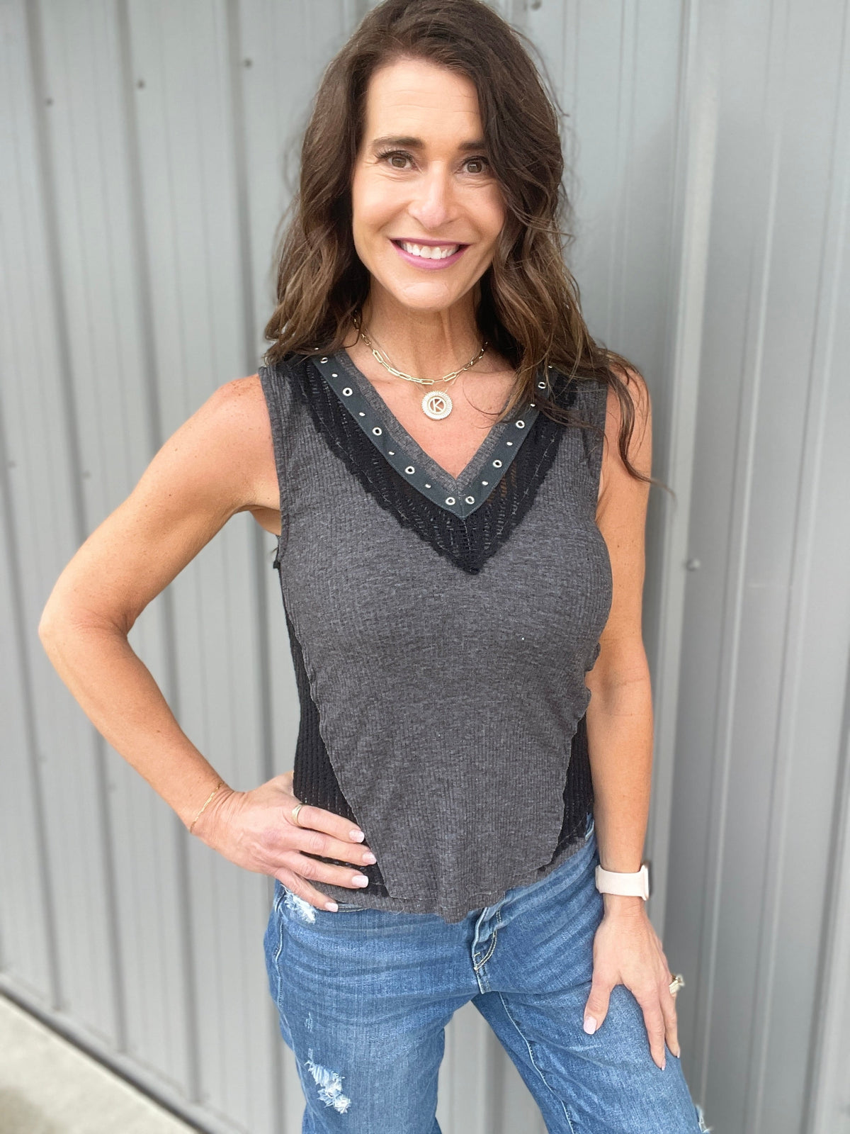 Pol Rock And Roll Sleeveless Top In Charcoal *Final Sale*