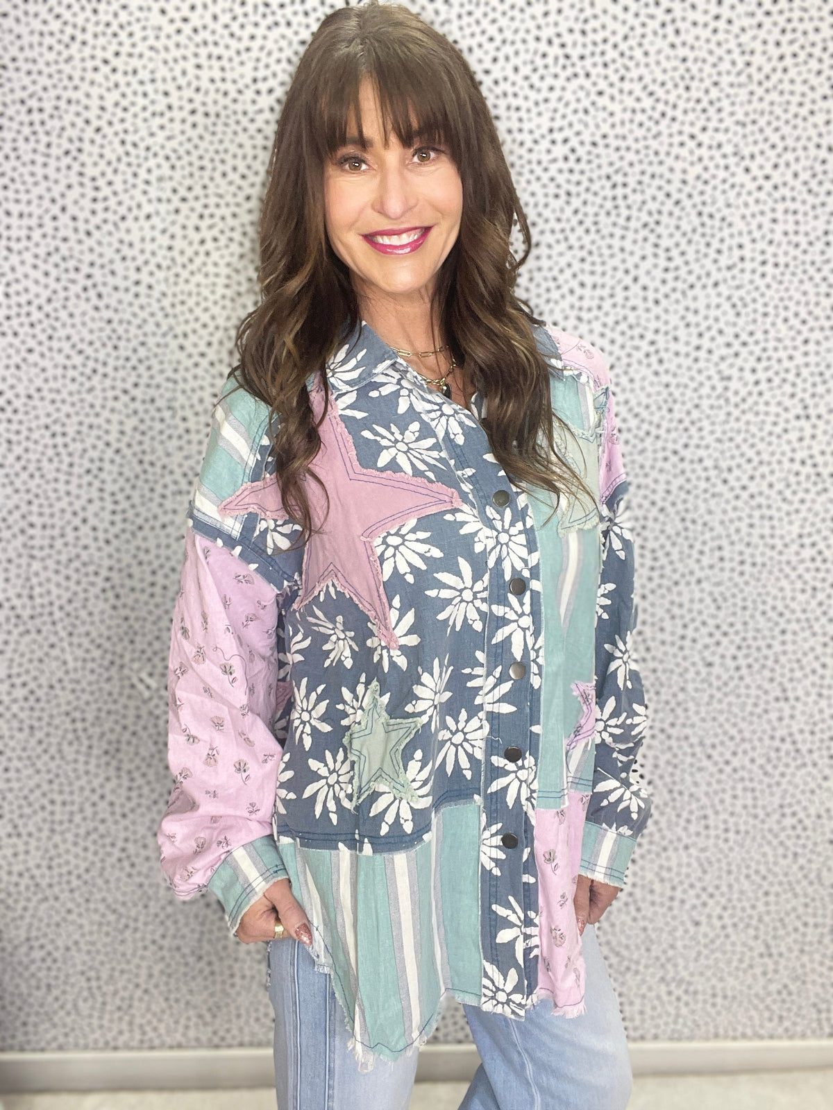 Lights, Camera, Action Star Patch Button Down Top In Denim *Final Sale*