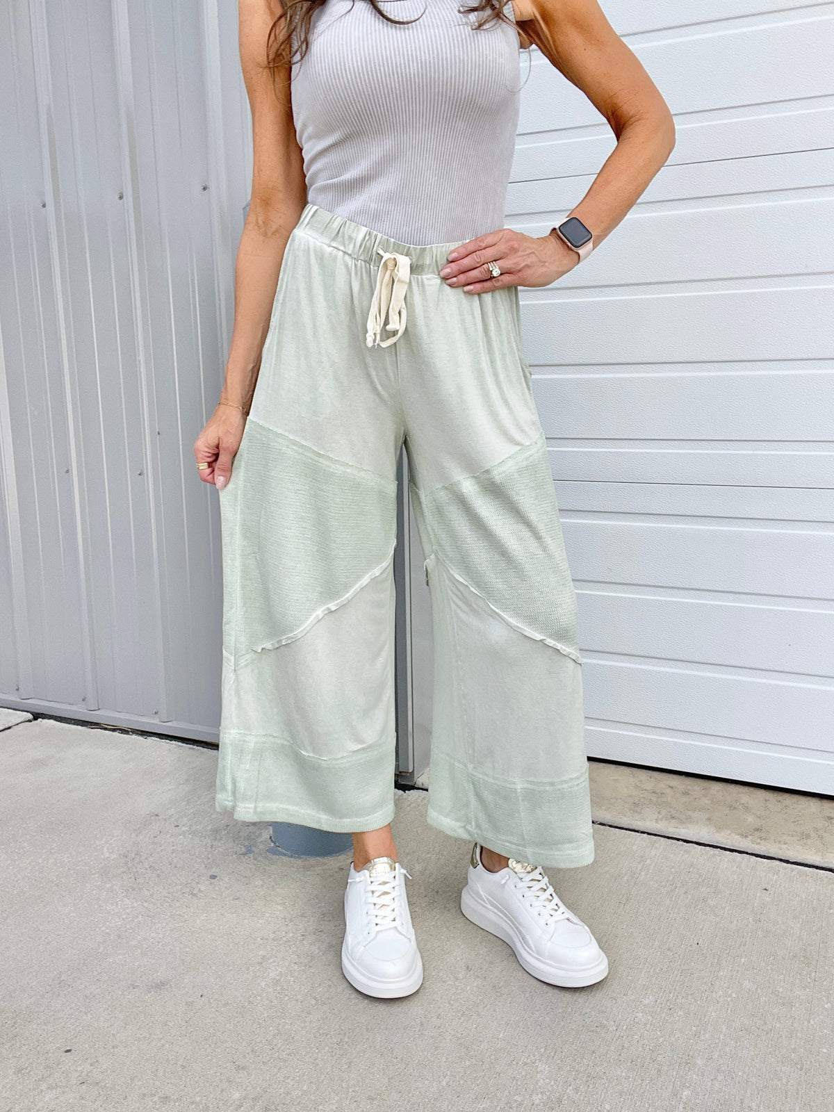 Pol Play Date Loose Wide Leg Cropped Pants In 7 Colors: Aqua, Lilac, Grey, Pink, Beige, Black, Desert Sage *Final Sale*