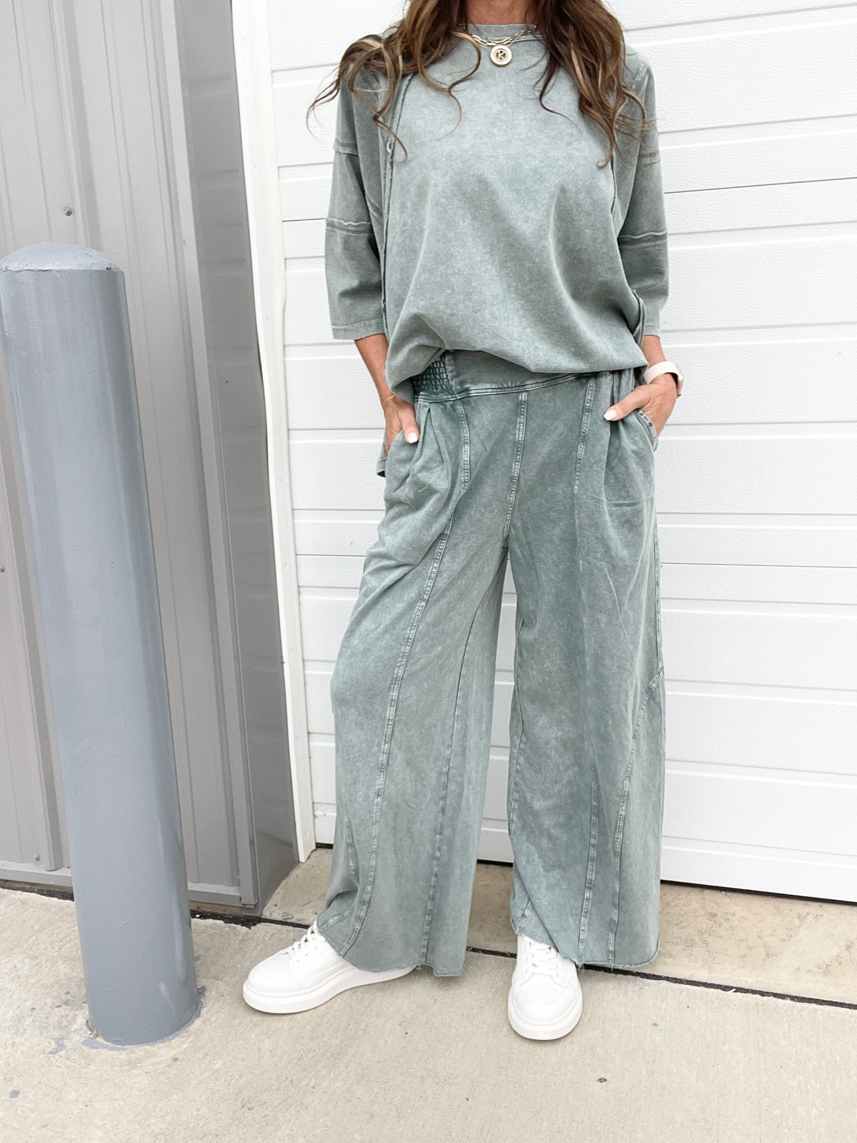 To The Top Mineral Washed Full Length Pants In 3 Colors: Black, Mocha, Green
