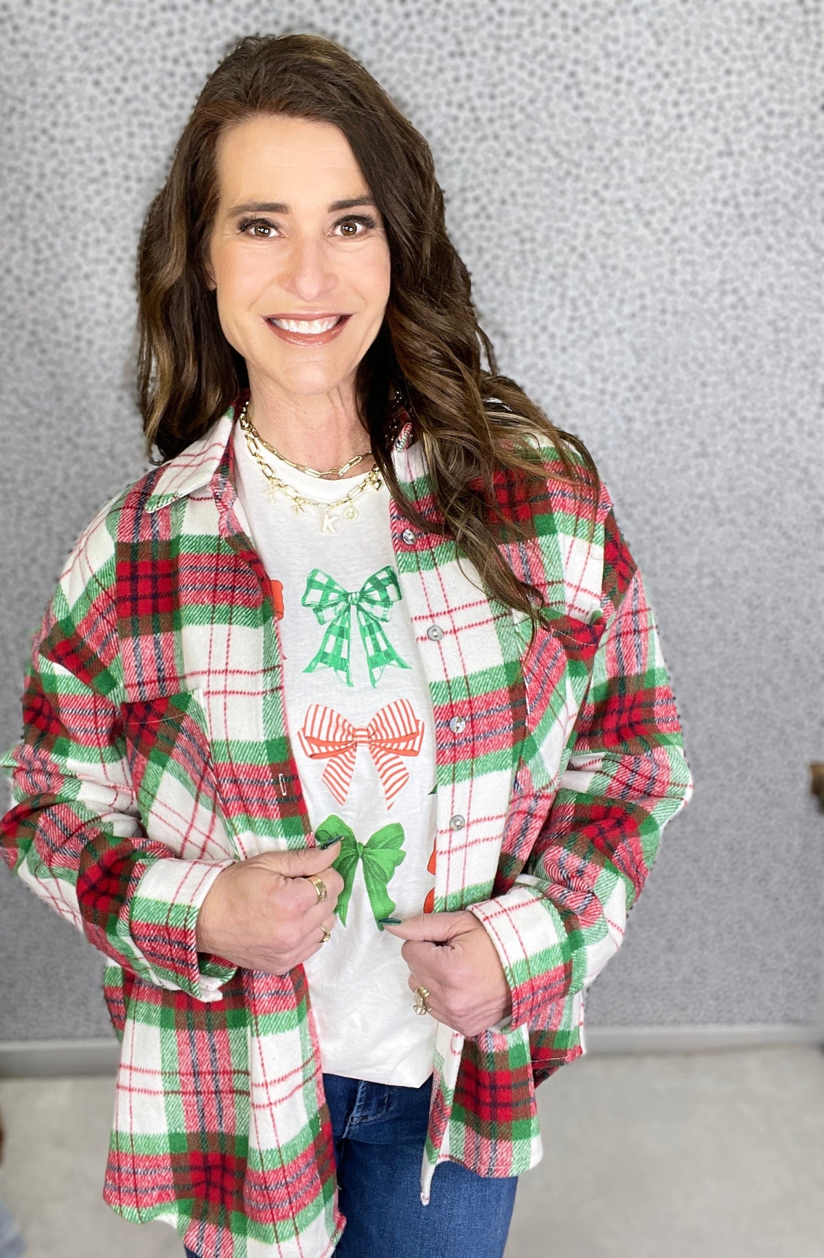 Holiday Plaid Front Pocket Oversized Shirt Jacket