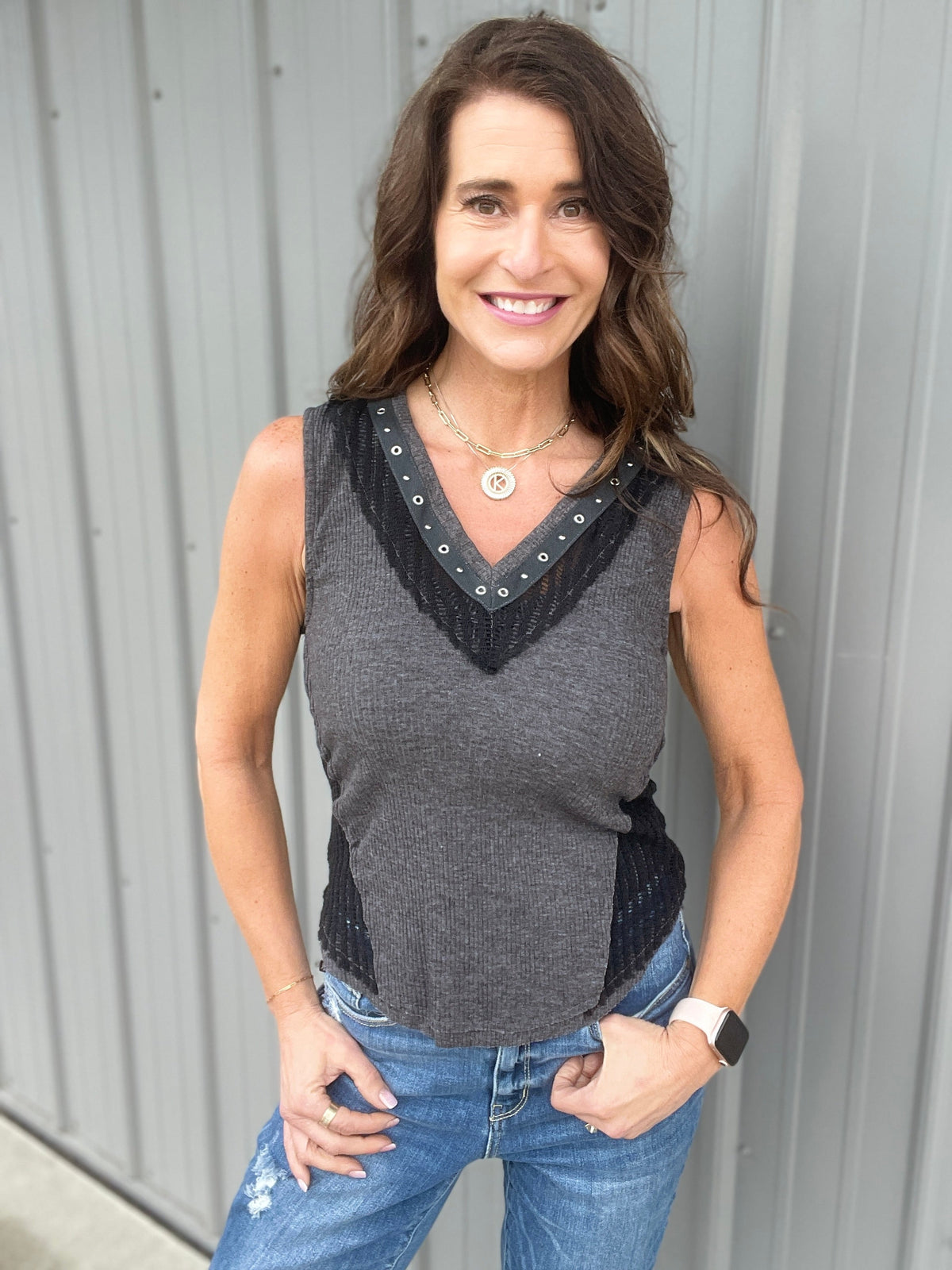 Pol Rock And Roll Sleeveless Top In Charcoal *Final Sale*