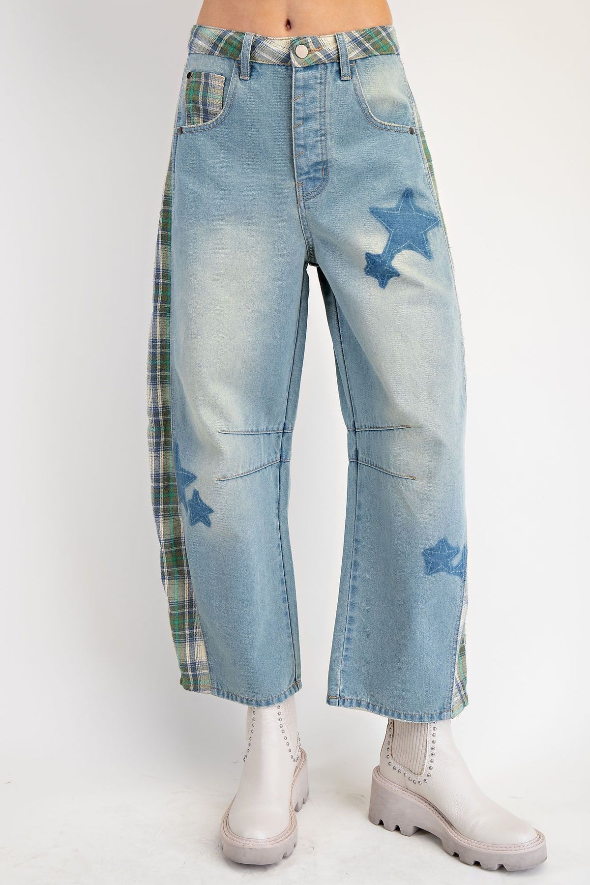 Plaid Star Print Washed Barrel Pants *Final Sale*