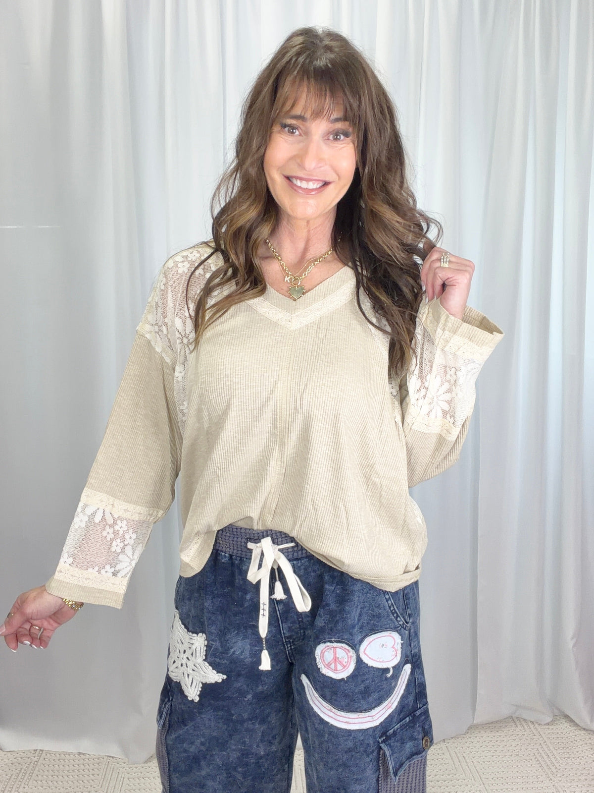 Pol Luna Lace Long Sleeve Ribbed Top In 3 Colors