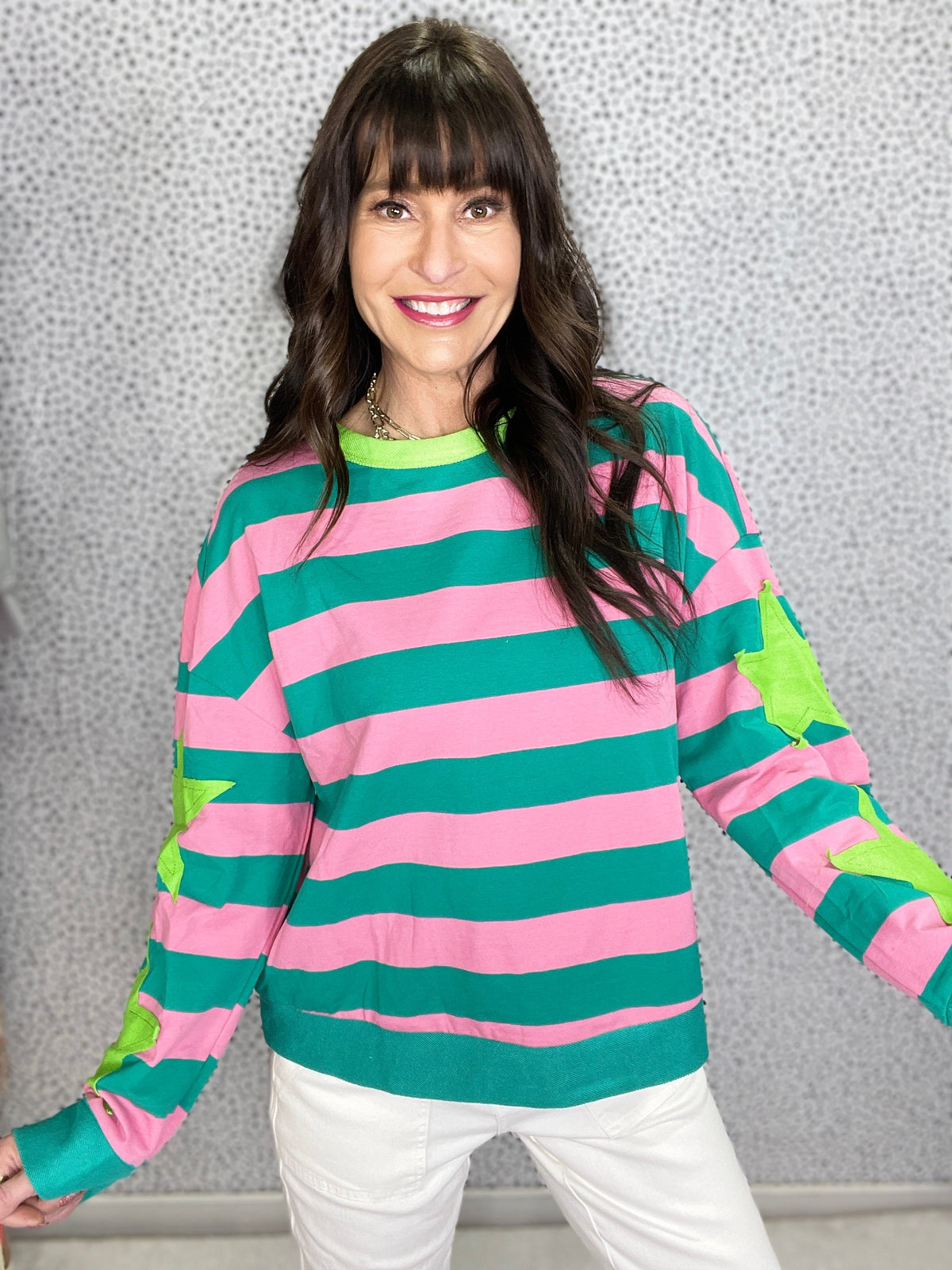 Wanna Be My Star Stripe With Star Patches Round Neck Pullover