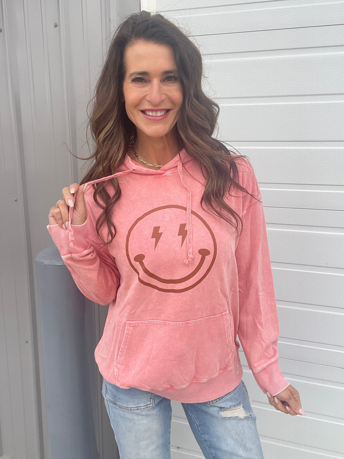 Happy All Around Mineral Washed Hoodie In 4 Colors: Camel, Coral, Smoke, Blue *Final Sale*