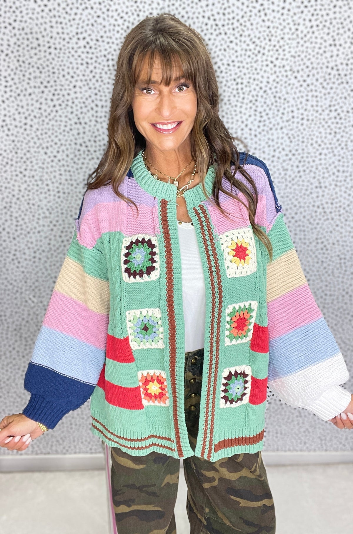 POL Retro Charm Balloon Sleeve Cardigan In Green