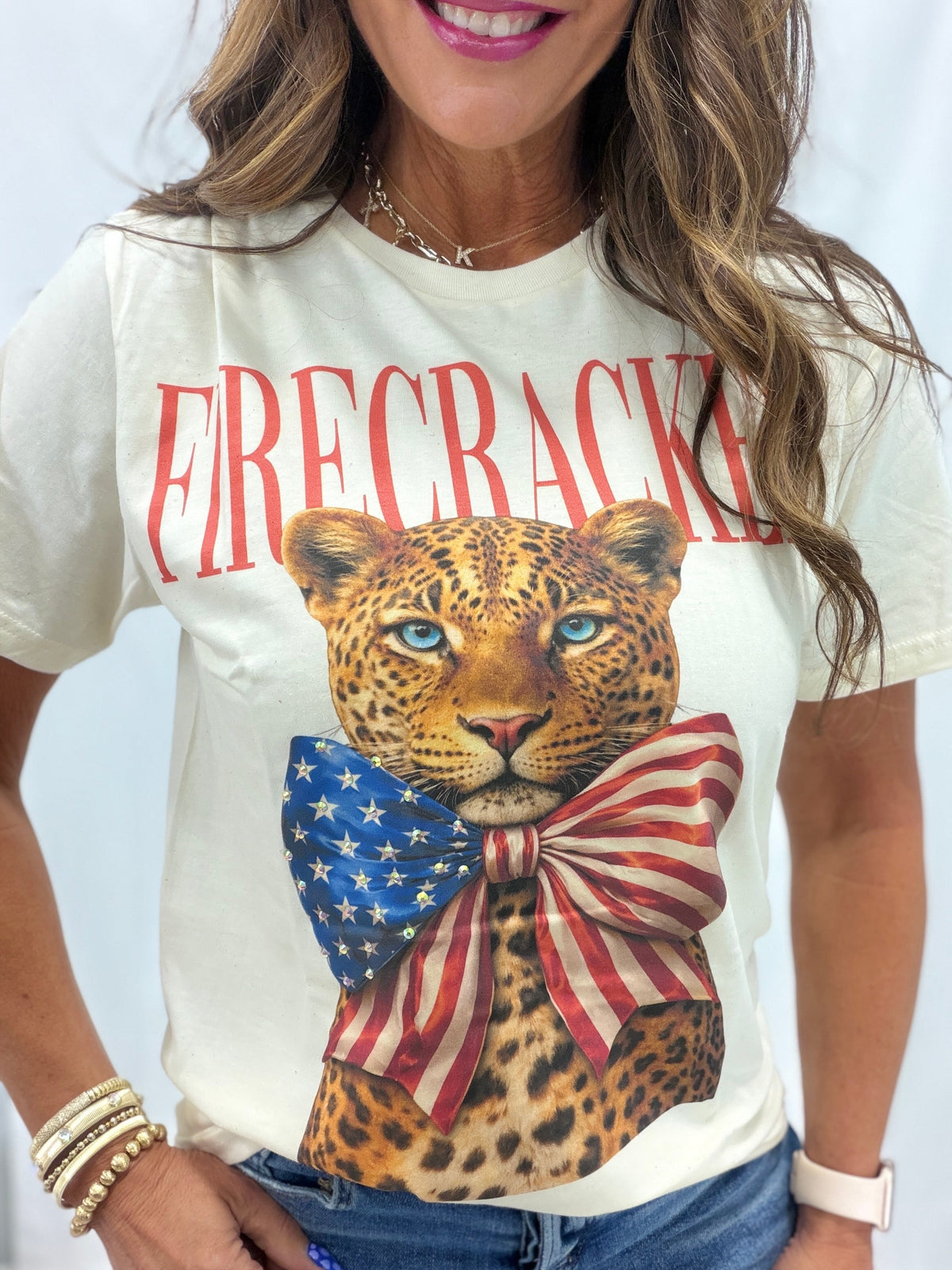 Firecracker Leopard Crystal Bling Graphic Tee With Cream*Final Sale*