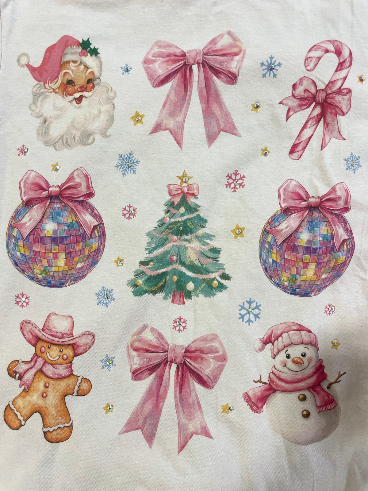 Santa, Bow, Candy Cane, Disco Ball Bling Tee