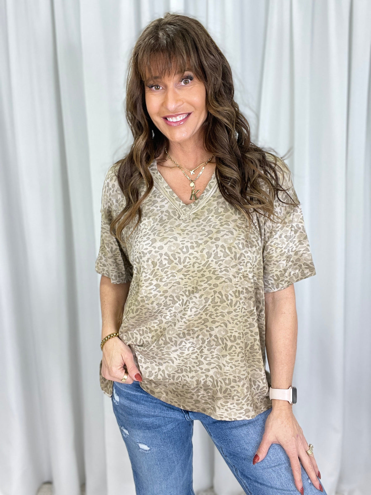 POL Wild Charm V-Neck Short Sleeve Top In Tan