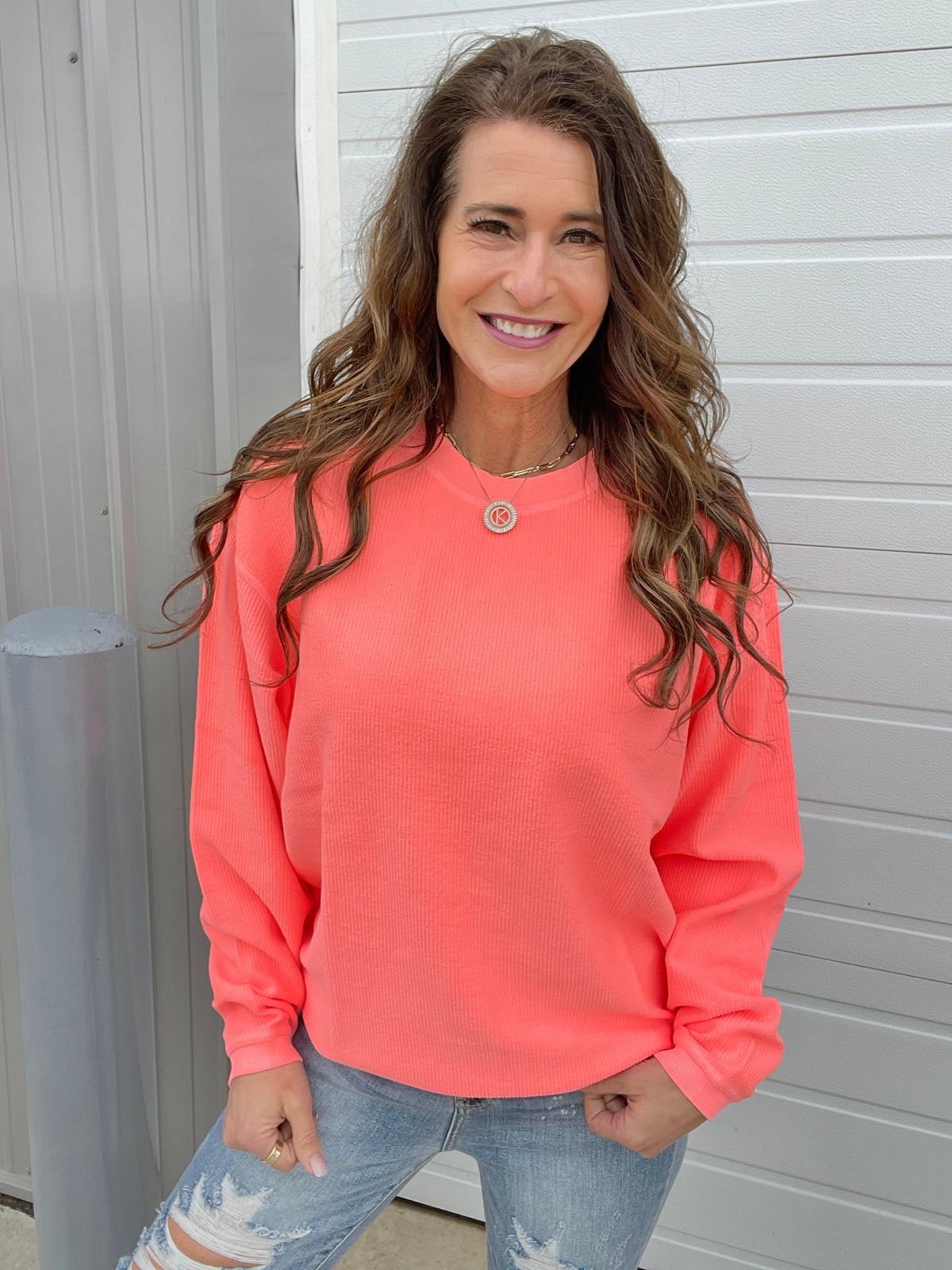 Neon Snow Washed Corded Crewneck in Neon Coral, Yellow, Pink, Lime