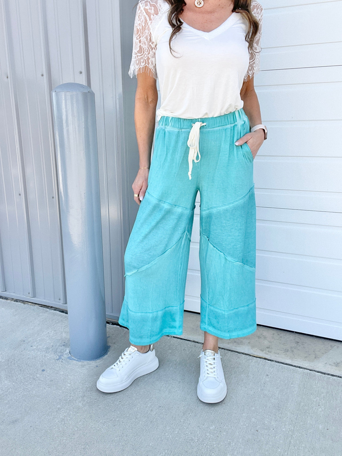 Pol Play Date Loose Wide Leg Cropped Pants In 7 Colors: Aqua, Lilac, Grey, Pink, Beige, Black, Desert Sage *Final Sale*