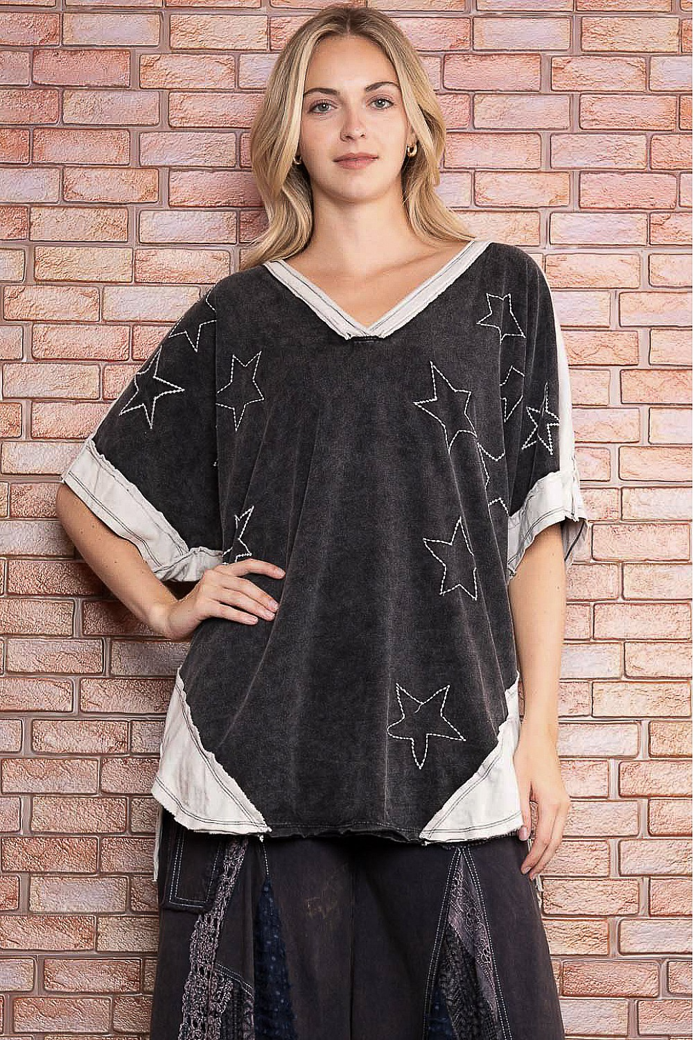 You Make A Wish Mineral Washed V-Neck Star Stitch Tunic In 2 Colors *Final Sale*