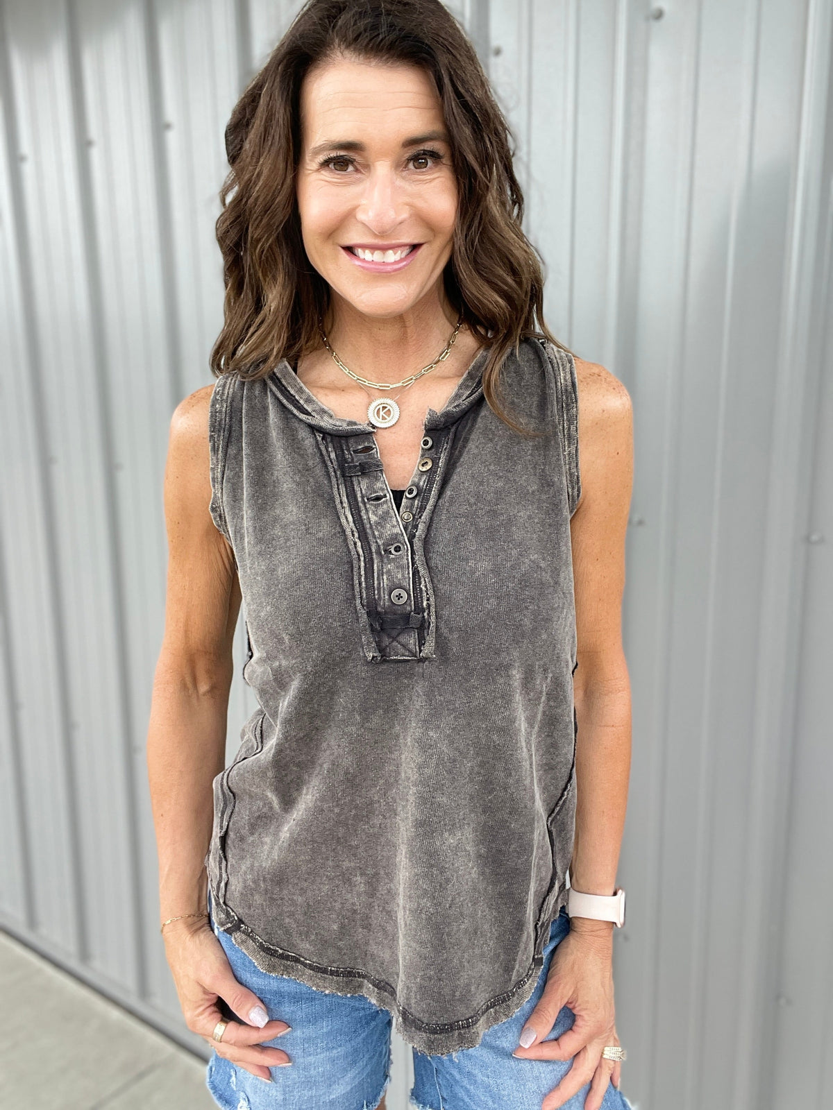 Summer Time Slip Away Sleeveless Henley Raw Edge Top In 8 Colors *Final Sale*