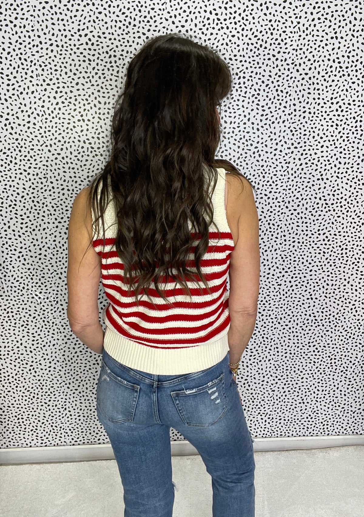 Gracie P Red Stripe Textured Knit Ribbed Hem Sleeveless Sweater *Final Sale*