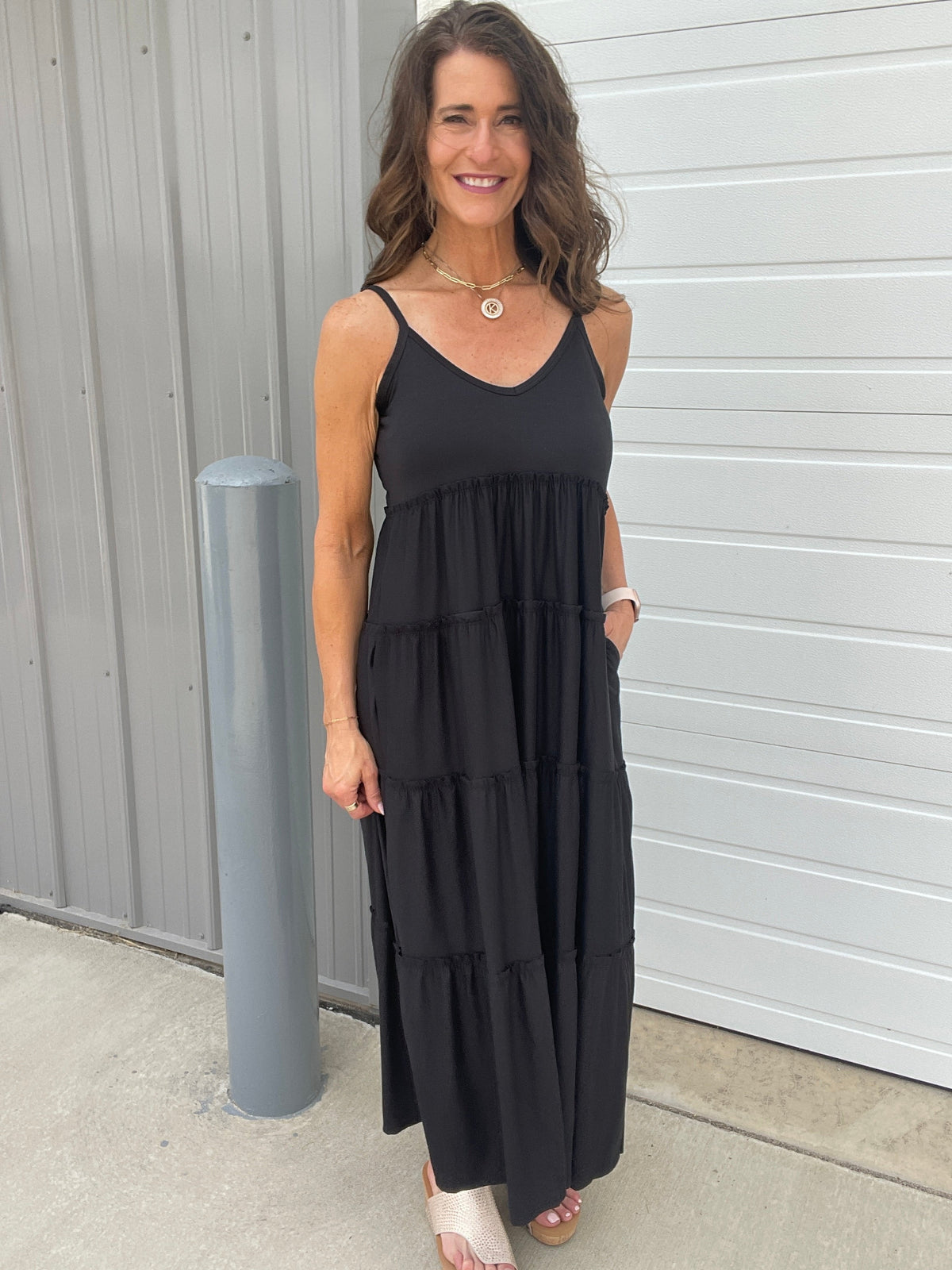 She's Got The Look Tiered Cami V Neck Adjustable Strap Maxi Dress In 4 Colors *Final Sale*