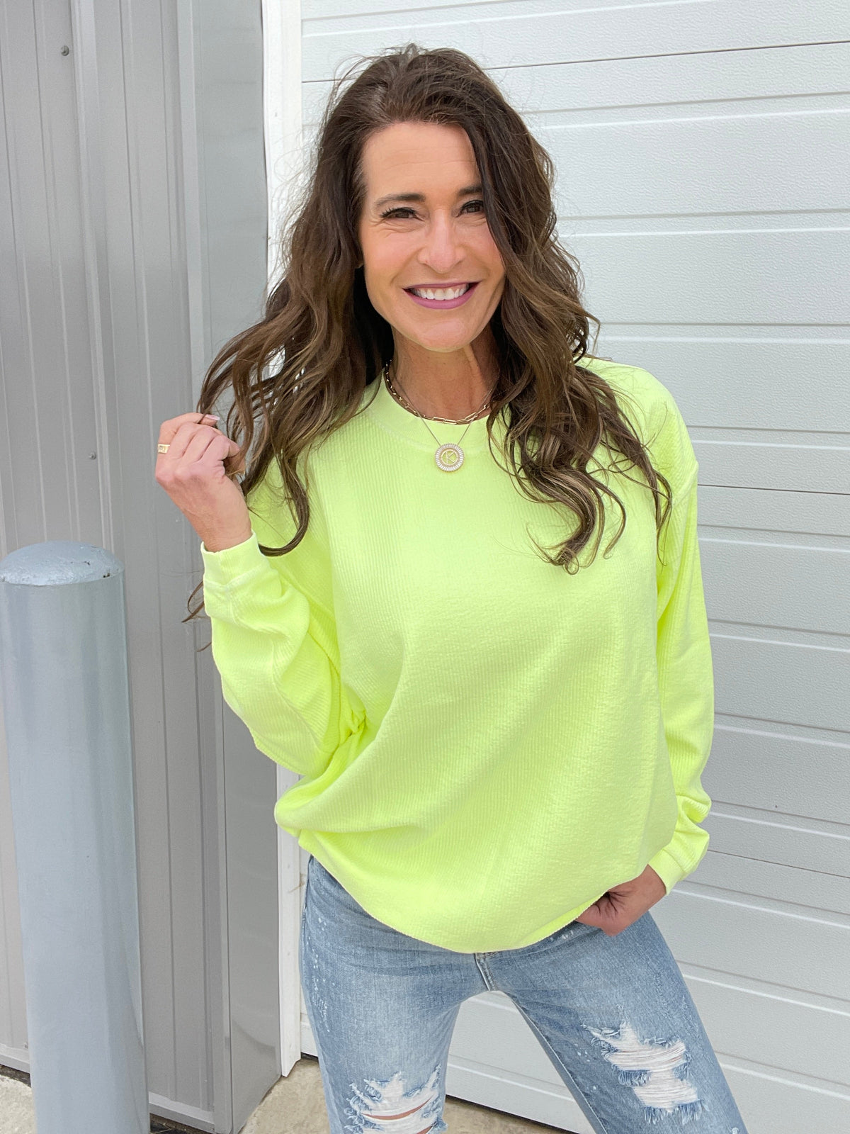 Neon Snow Washed Corded Crewneck in Neon Coral, Yellow, Pink, Lime