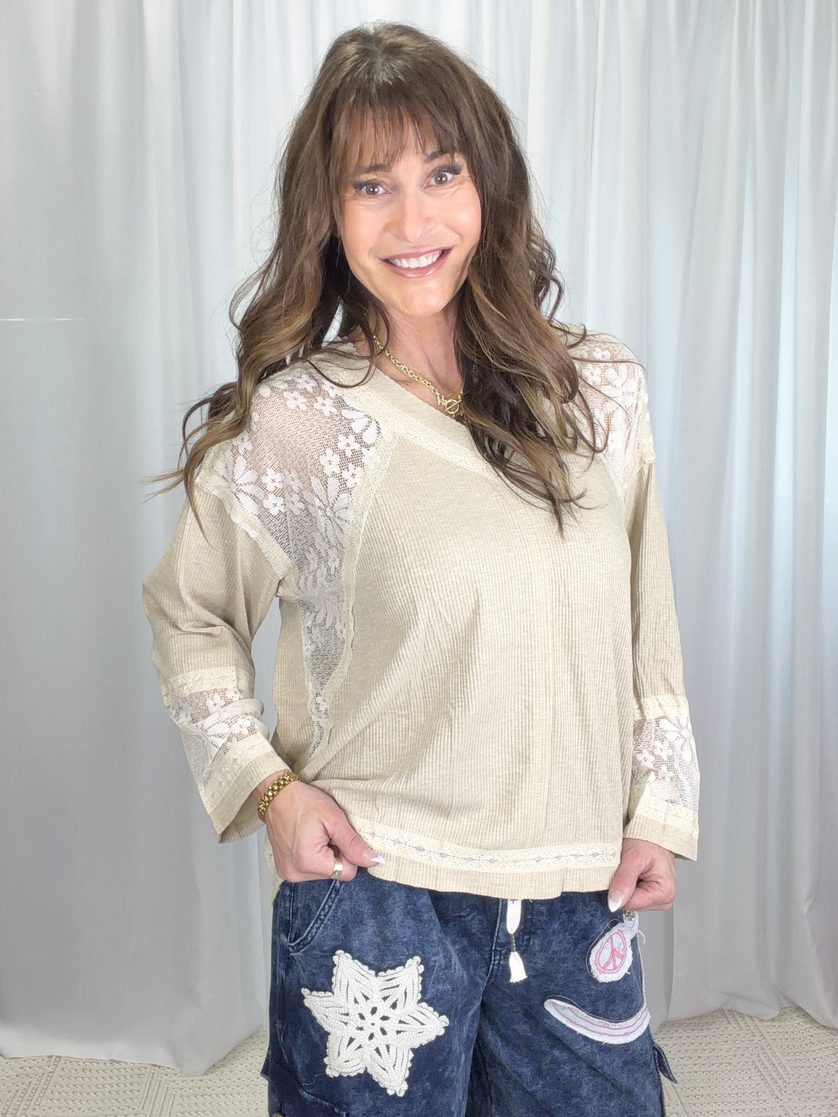 Pol Luna Lace Long Sleeve Ribbed Top In 3 Colors