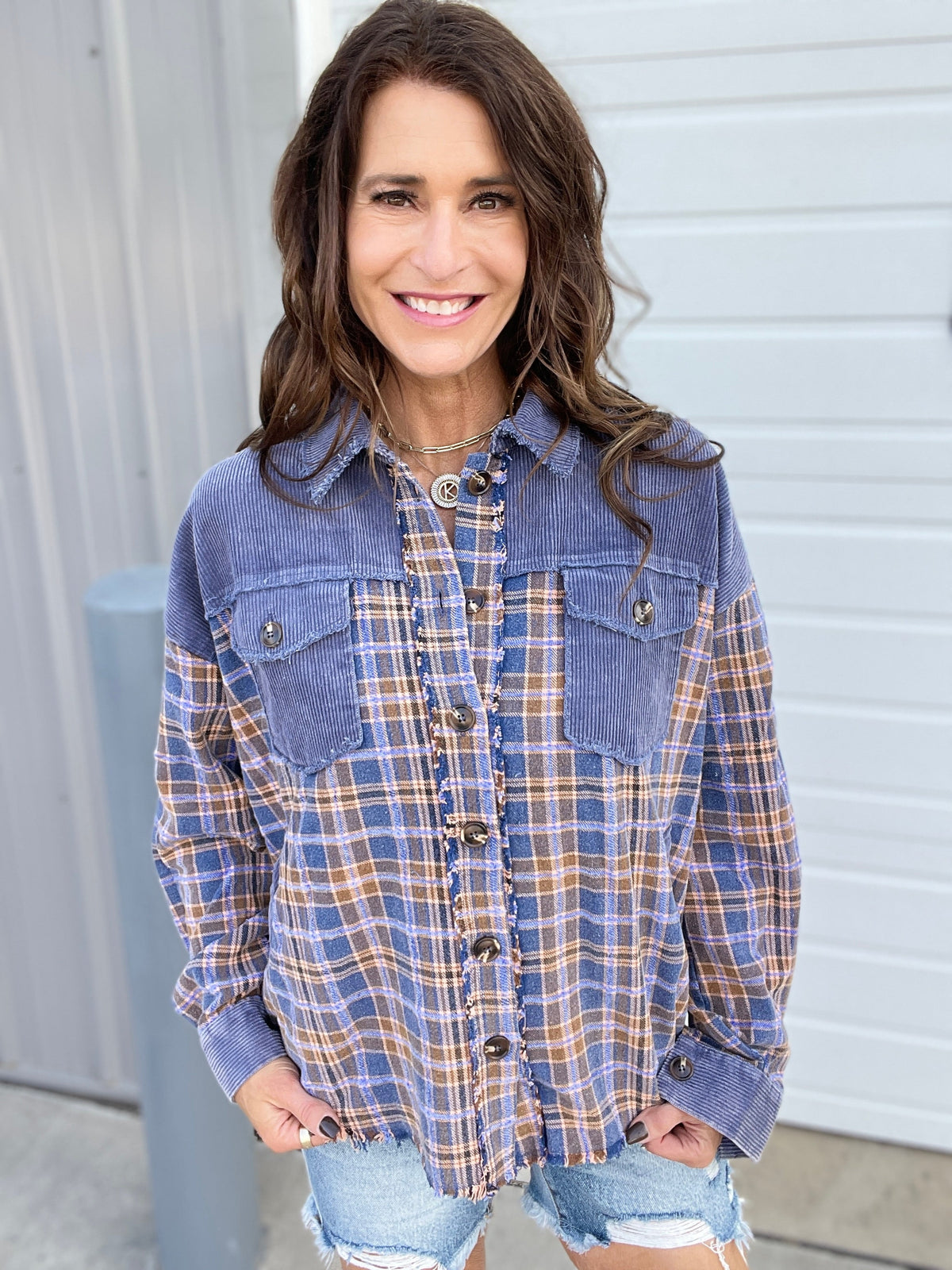 Return To Grace Plaid Mix Corduroy Shacket