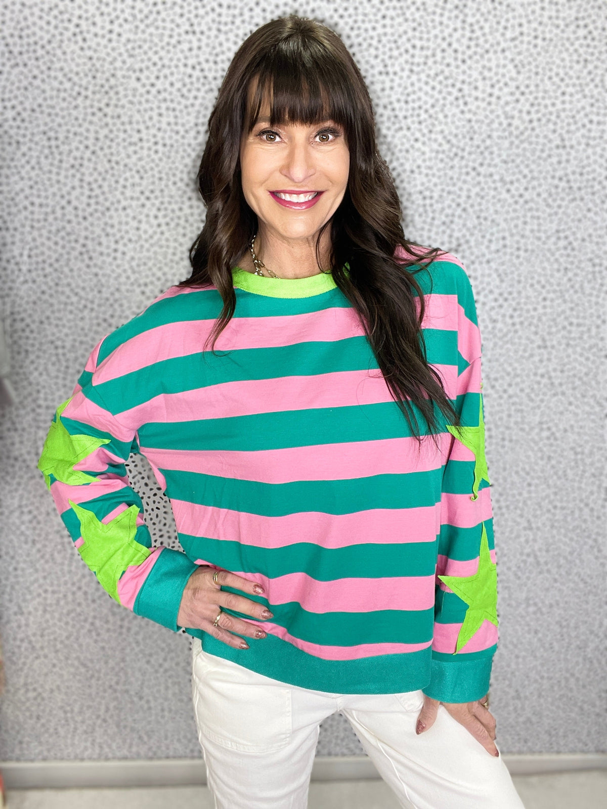 Wanna Be My Star Stripe With Star Patches Round Neck Pullover