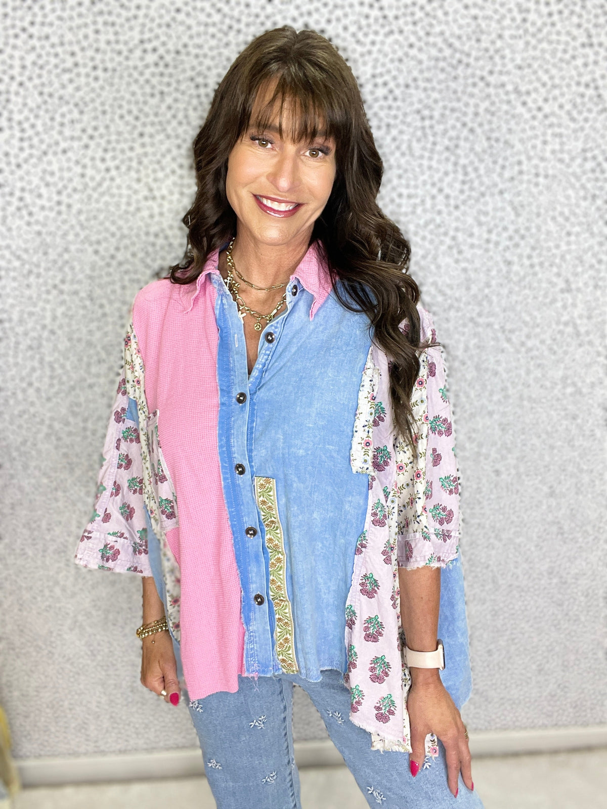Days Come And Go Multi Contrast Button Down Oversize Top in Denim *Final Sale*