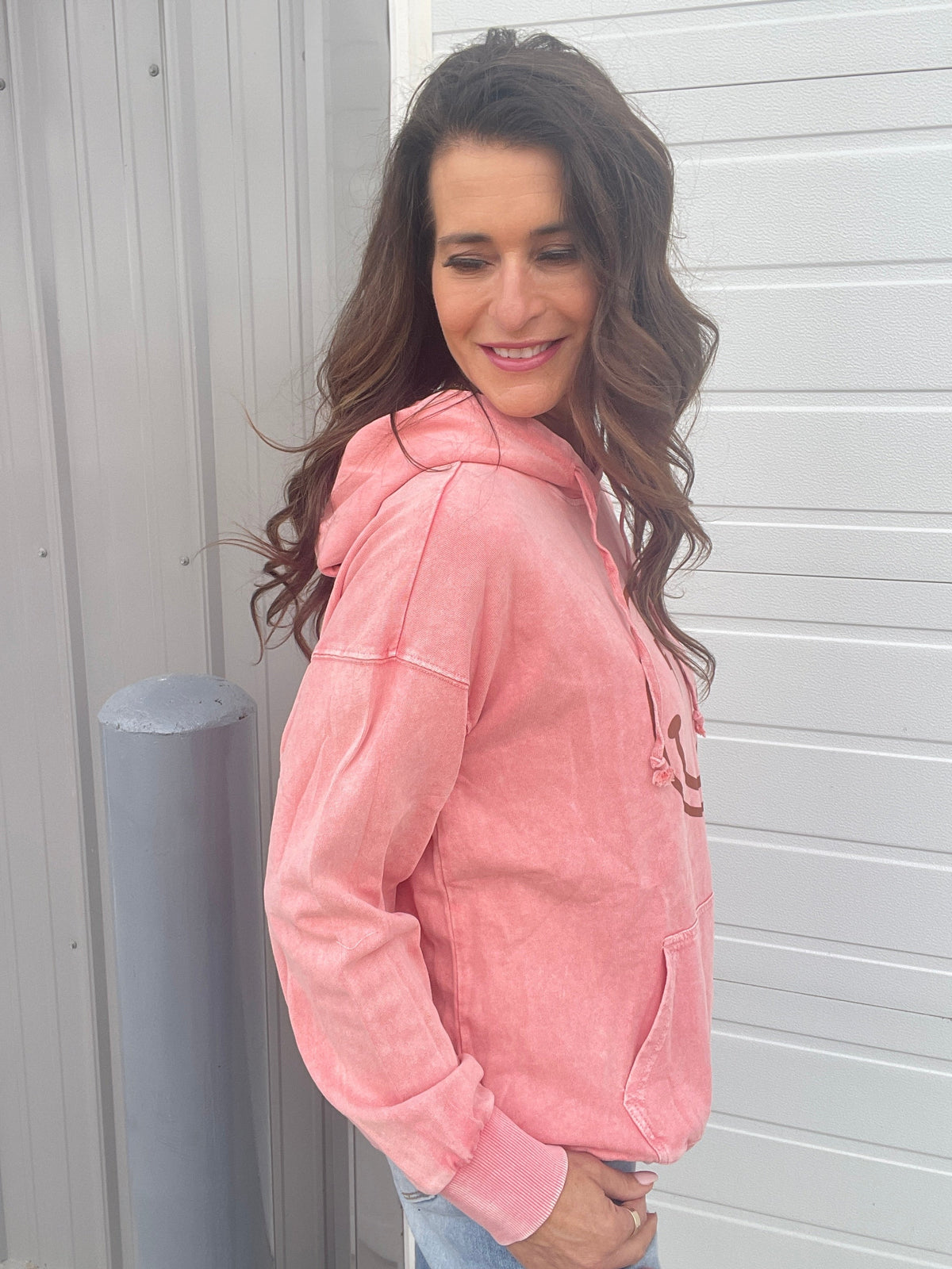 Happy All Around Mineral Washed Hoodie In 4 Colors: Camel, Coral, Smoke, Blue *Final Sale*