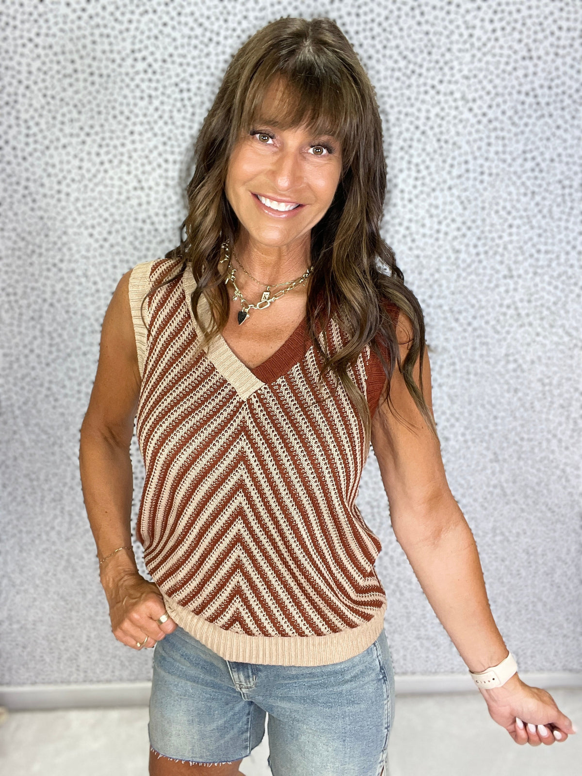 Gracie P Contrast Chevron Knit V Neck Sweater Vest in 2 Colors
