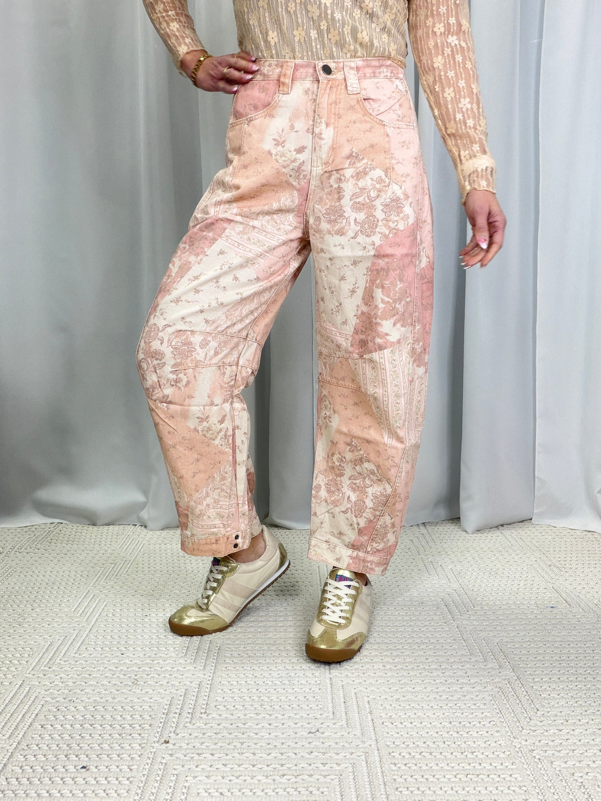 Til The Sun Rises Patchwork Printed Barrel Pants In Rose