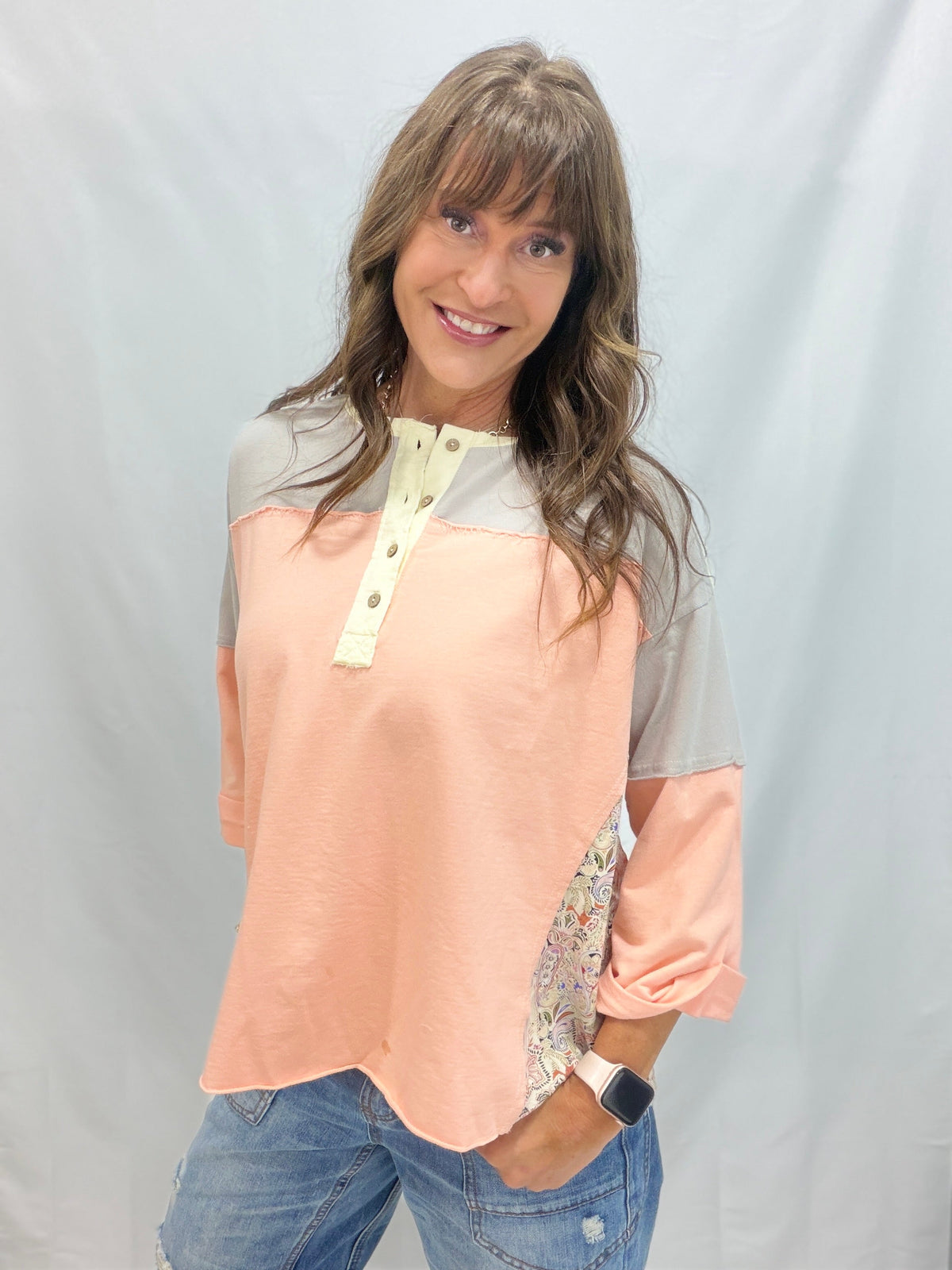 Boho Bliss Print Mix Color Block Terry Knit Henley In 3 Colors