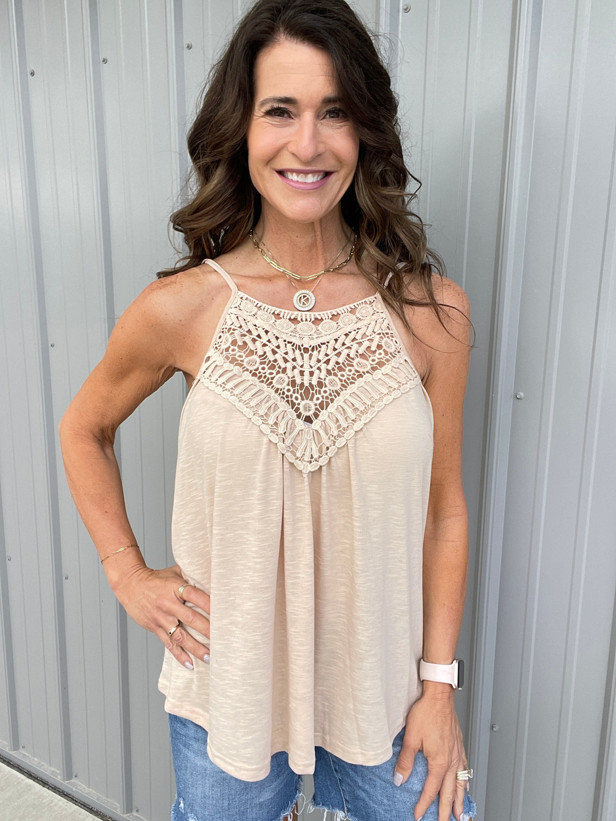 Summer Escape Lace Front Adjustable Strap Tank Top In 4 Colors: Coral Pink, Oatmeal, Violet