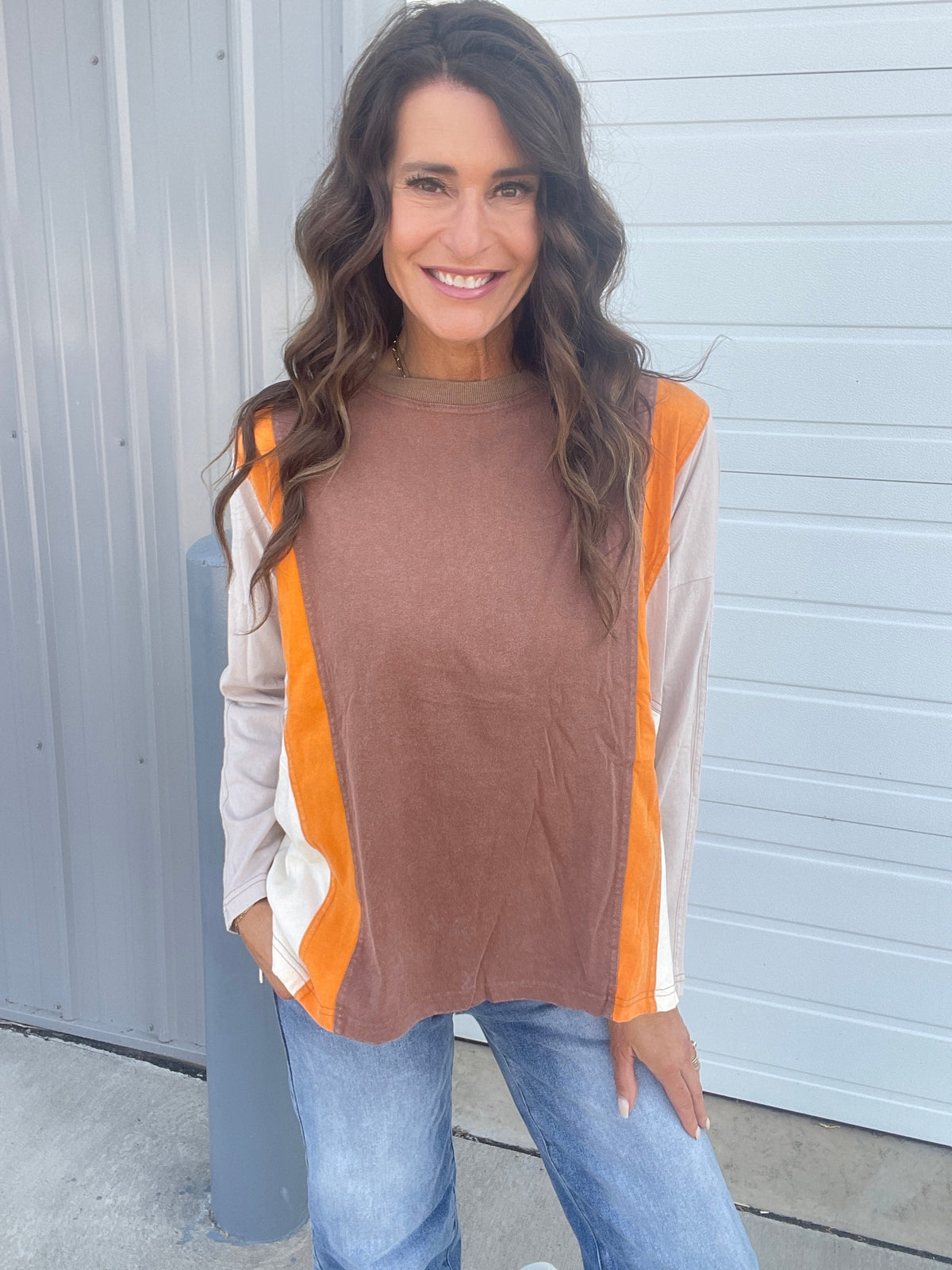 Splash of Color Cotton Crewneck Pullover In 2 Colors: Magenta, Mocha *Final Sale*