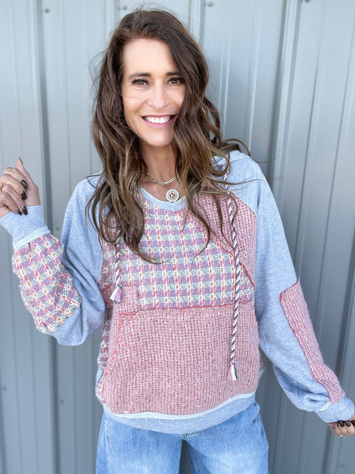 Oli & Hali Struck By You Tweed Patchwork Hoodie Top In 2 Colors *Final Sale*