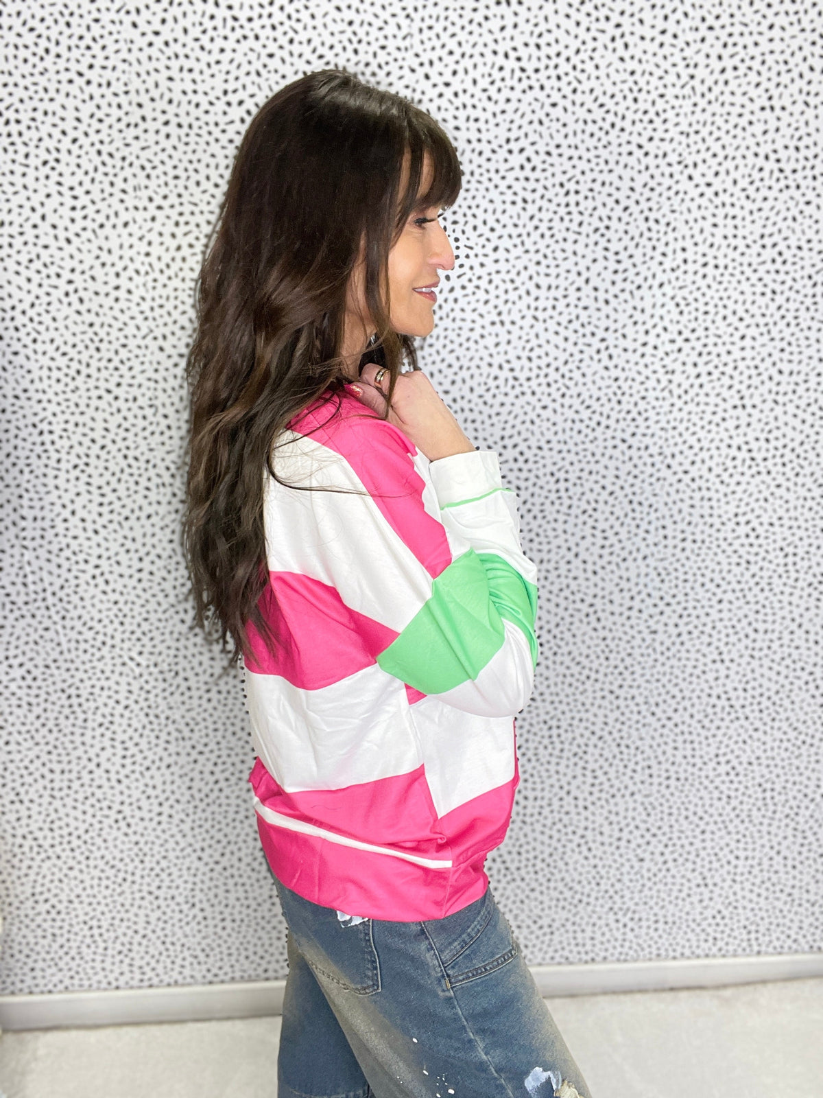 Gracie P Color Block Pink, Green, White Striped Drop Shoulder Top