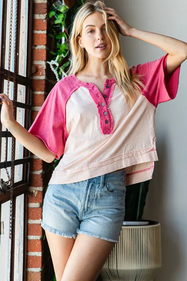Oli & Hali Way Too Fabulous Contrast Henley Top In 2 Colors *Final Sale*