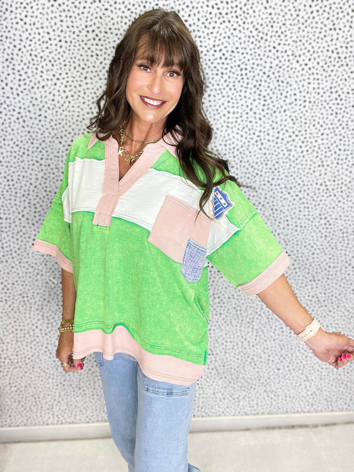 Oli & Hali Varsity Vibes Oversized Collared Top In Green