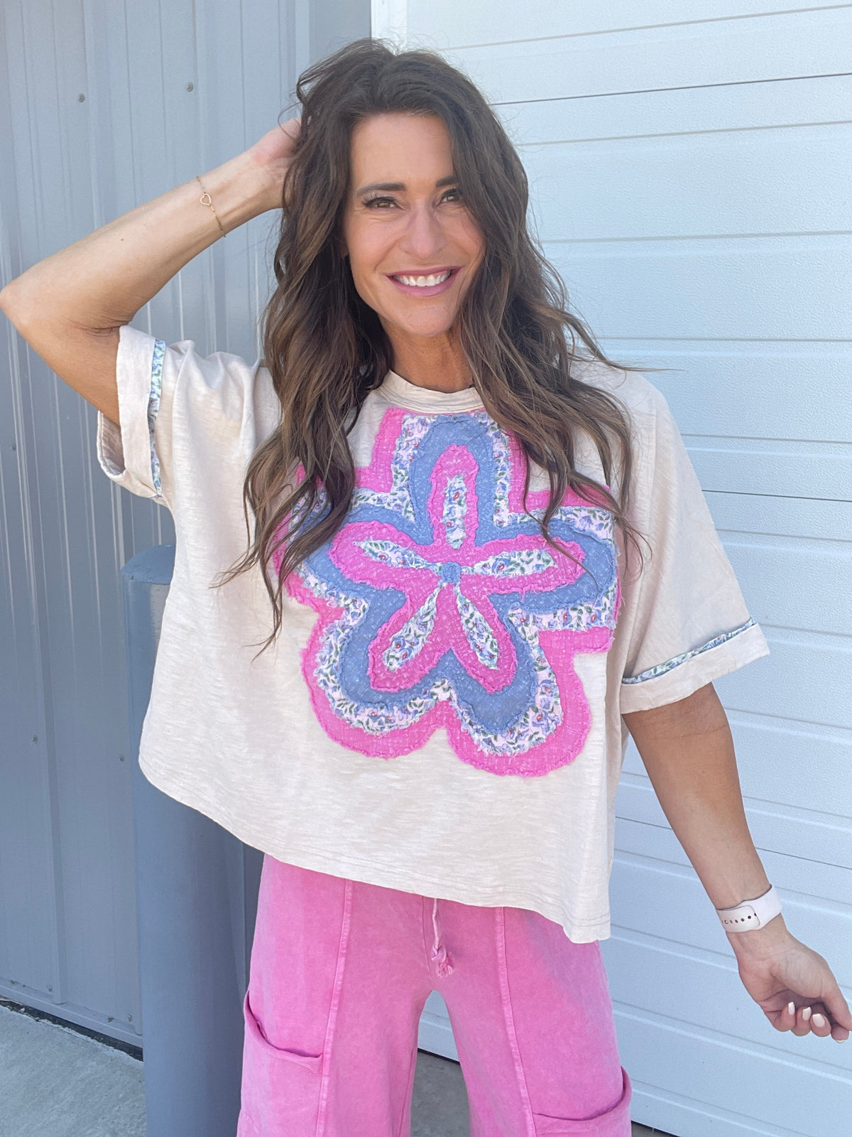 Bloom With Love Flower Patch Top In 6 Colors: Cream, Khaki, Slate, Magenta, Green, Pink *Final Sale*