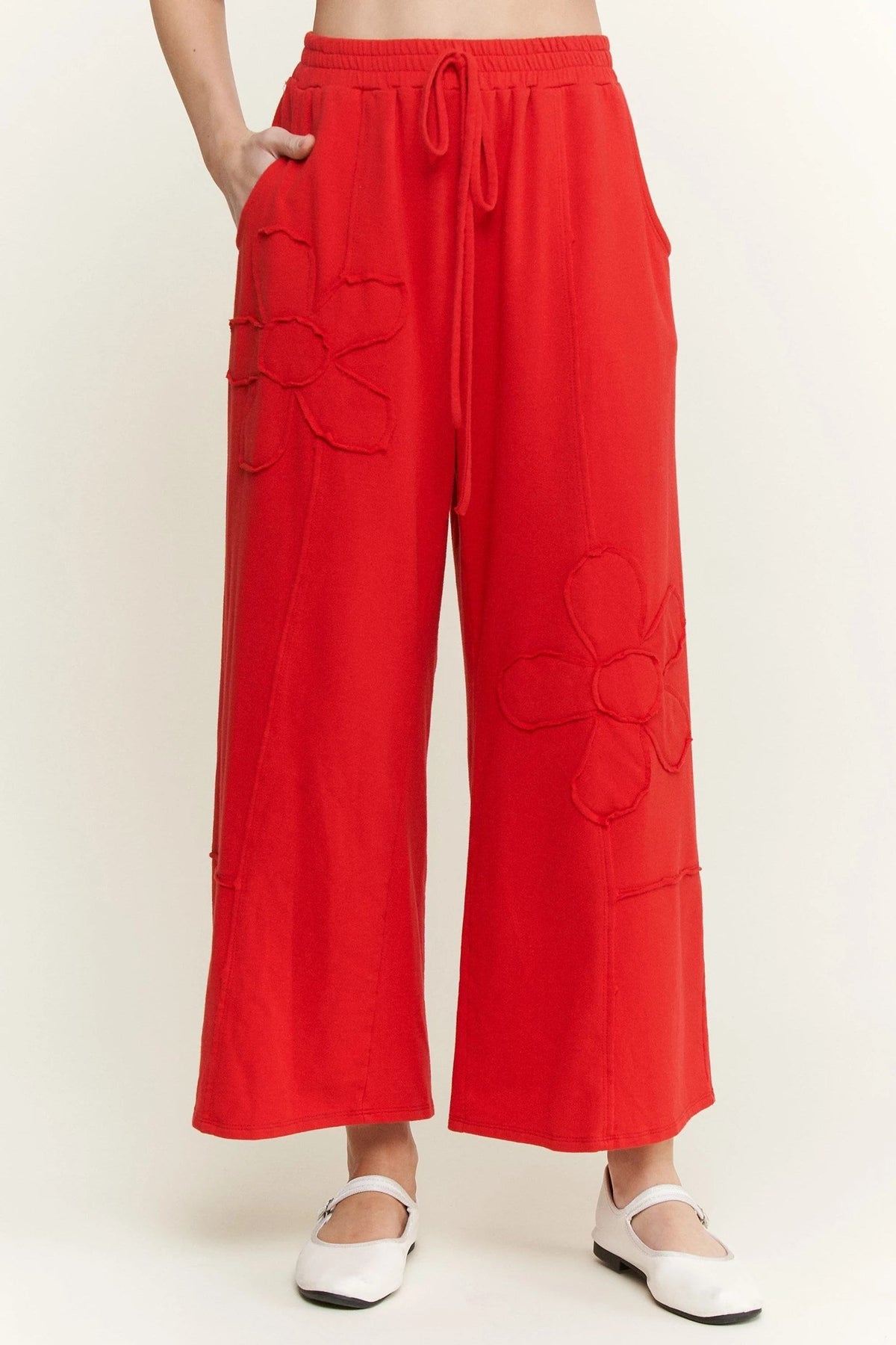 Solid Double Flower Patched Washed Pants In 2 Colors