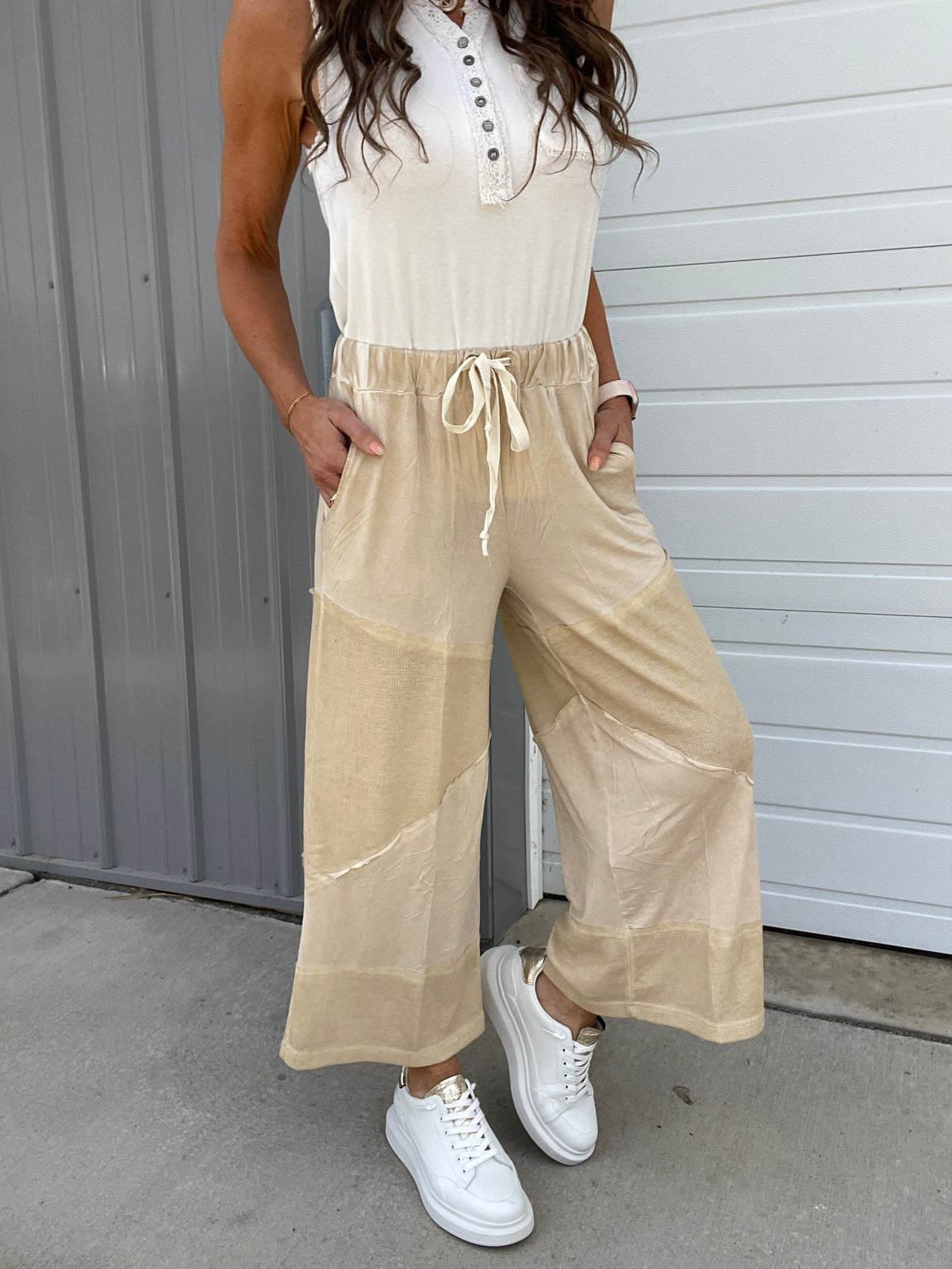 Pol Play Date Loose Wide Leg Cropped Pants In 7 Colors: Aqua, Lilac, Grey, Pink, Beige, Black, Desert Sage *Final Sale*