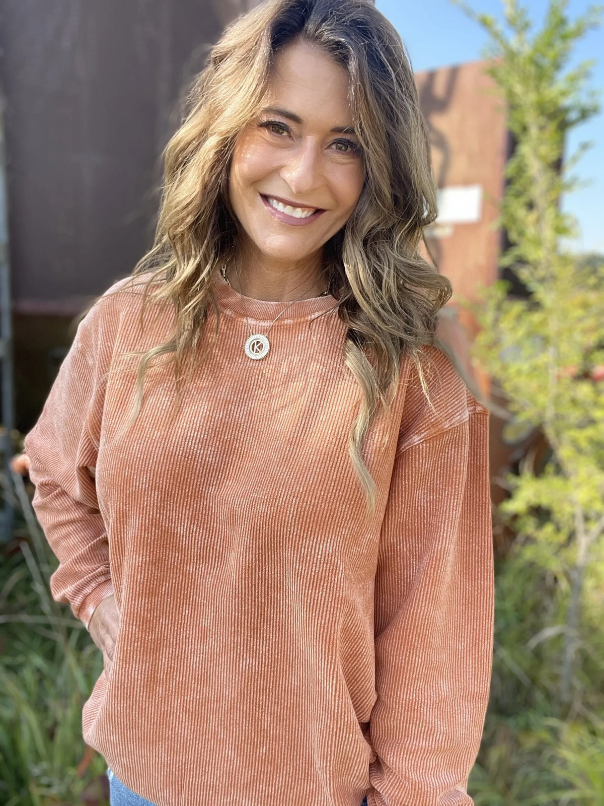 Snow Washed Essential Corded Crew Sweatshirt in Rust