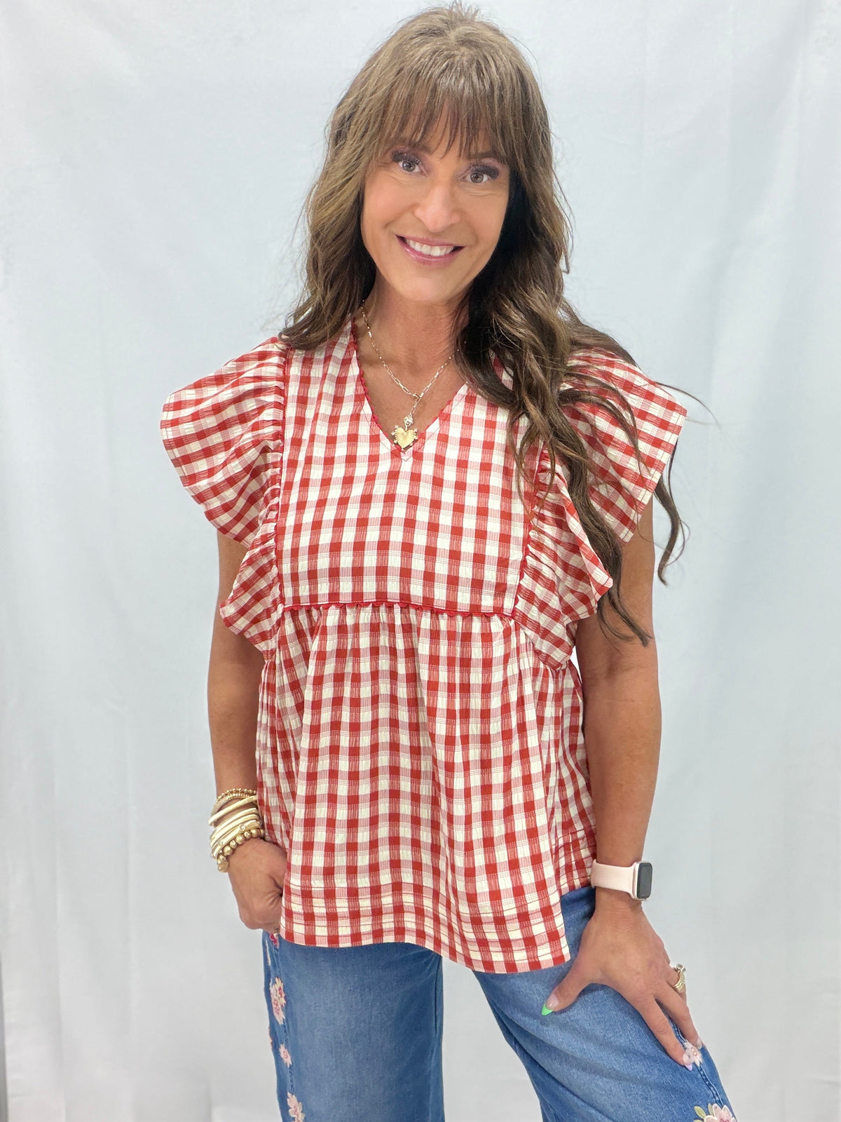 Find The Clues Gingham Babydoll Top In Red